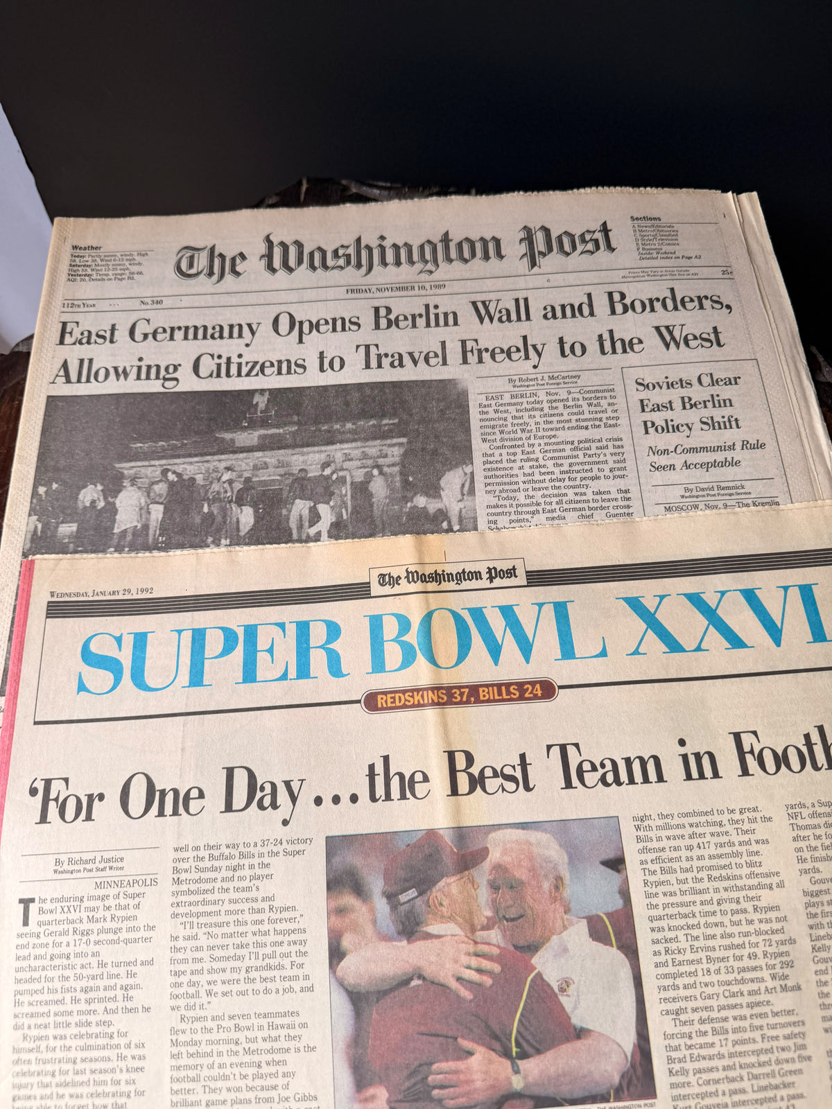 Washington Post 1989 Berlin Wall & 1992 Redskins Super Bowl XXVI Newspaper Lot - view 7