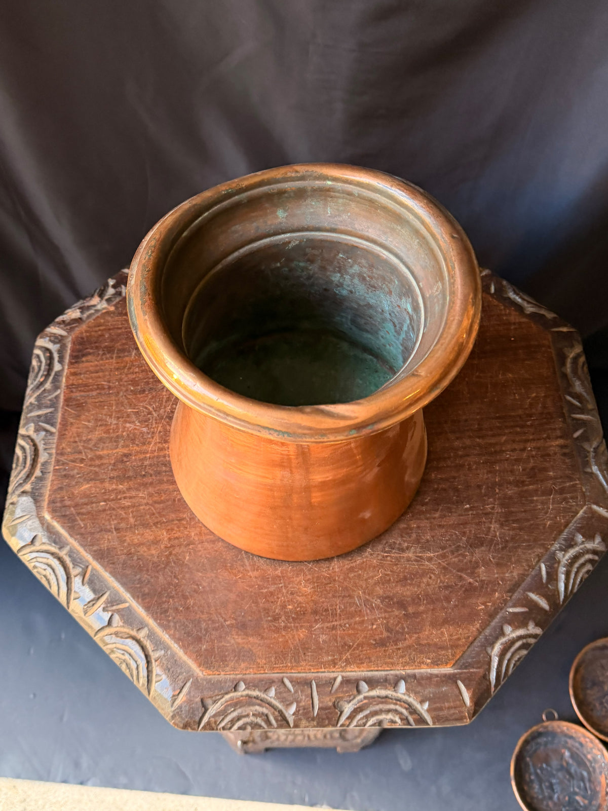 Antique Indian Tinned Copper Water Vessel Rolled Rim Pouring Lip Pot 8.5in