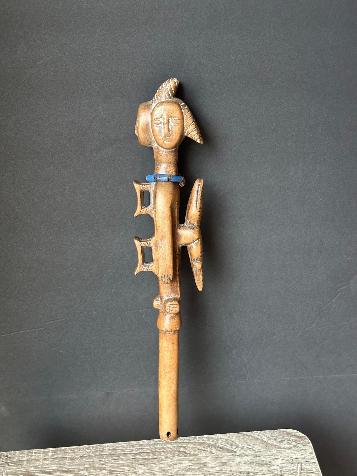 Vintage Ewe Ceremonial Wand/Baton (Heda) - Triple-Faced Janus Finial with Crocodile