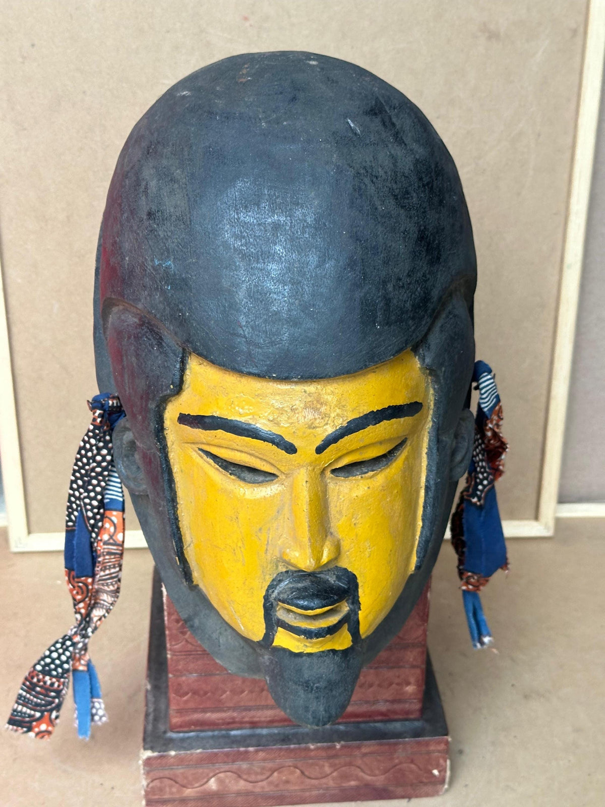 Vintage Yoruba Egungun Mask Ancestral Portrait Black Yellow Carved Wood 13.5"