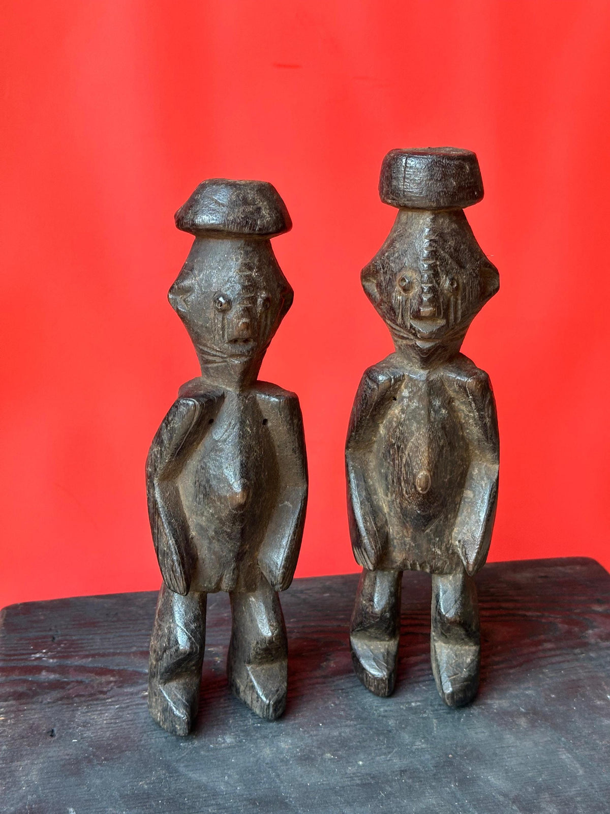 Vintage Chamba Ancestral Pair Figures | Dark Wood Sculpture (9.5")
