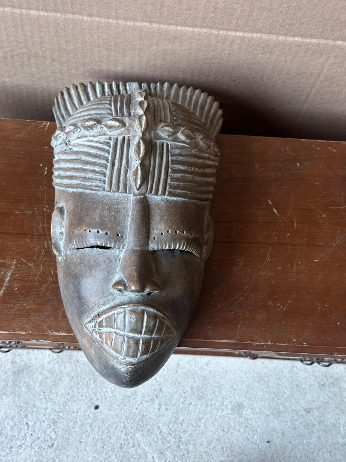 Vintage West African Mask Carved Wood Bared Teeth Coiffure Tribal Wall Art 9.5"