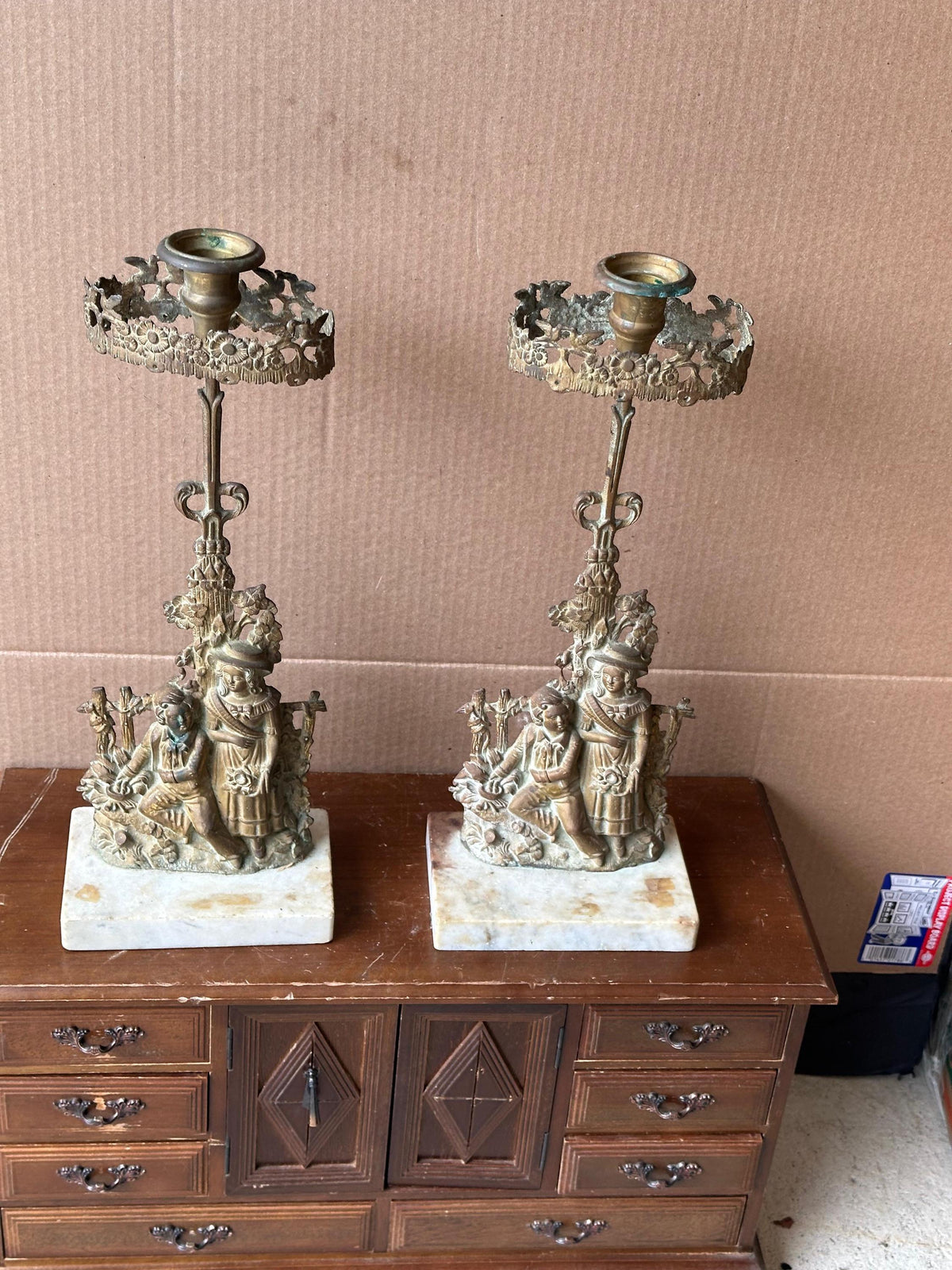 Figural Brass Candlesticks Pair, Victorian Style Candle Holders on Marble Base, 14 in Ornate Mantel Decor, Rococo Reviva