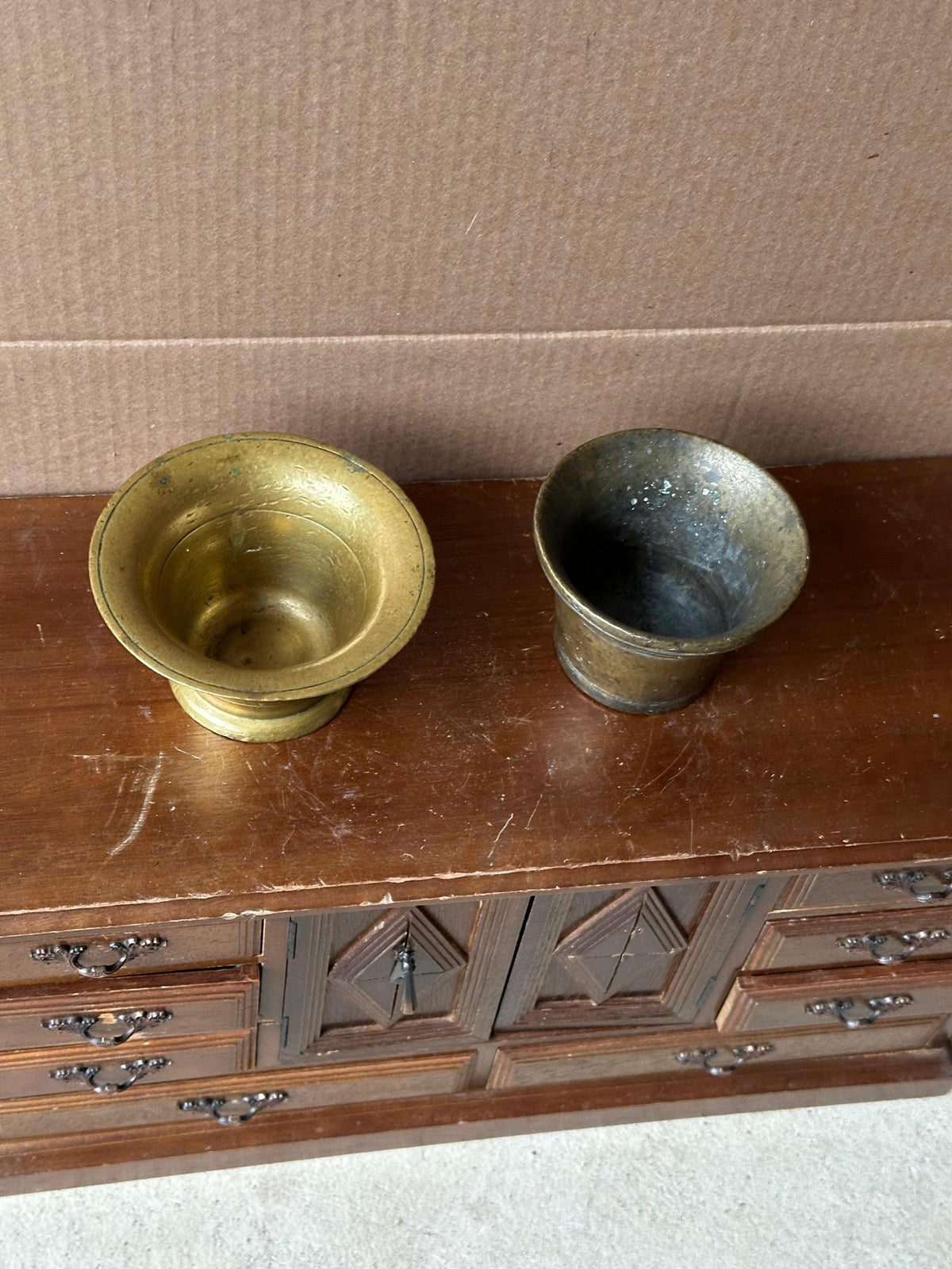 Vintage Brass Mortars Pair Small Apothecary Bowls 4.5" & 4"