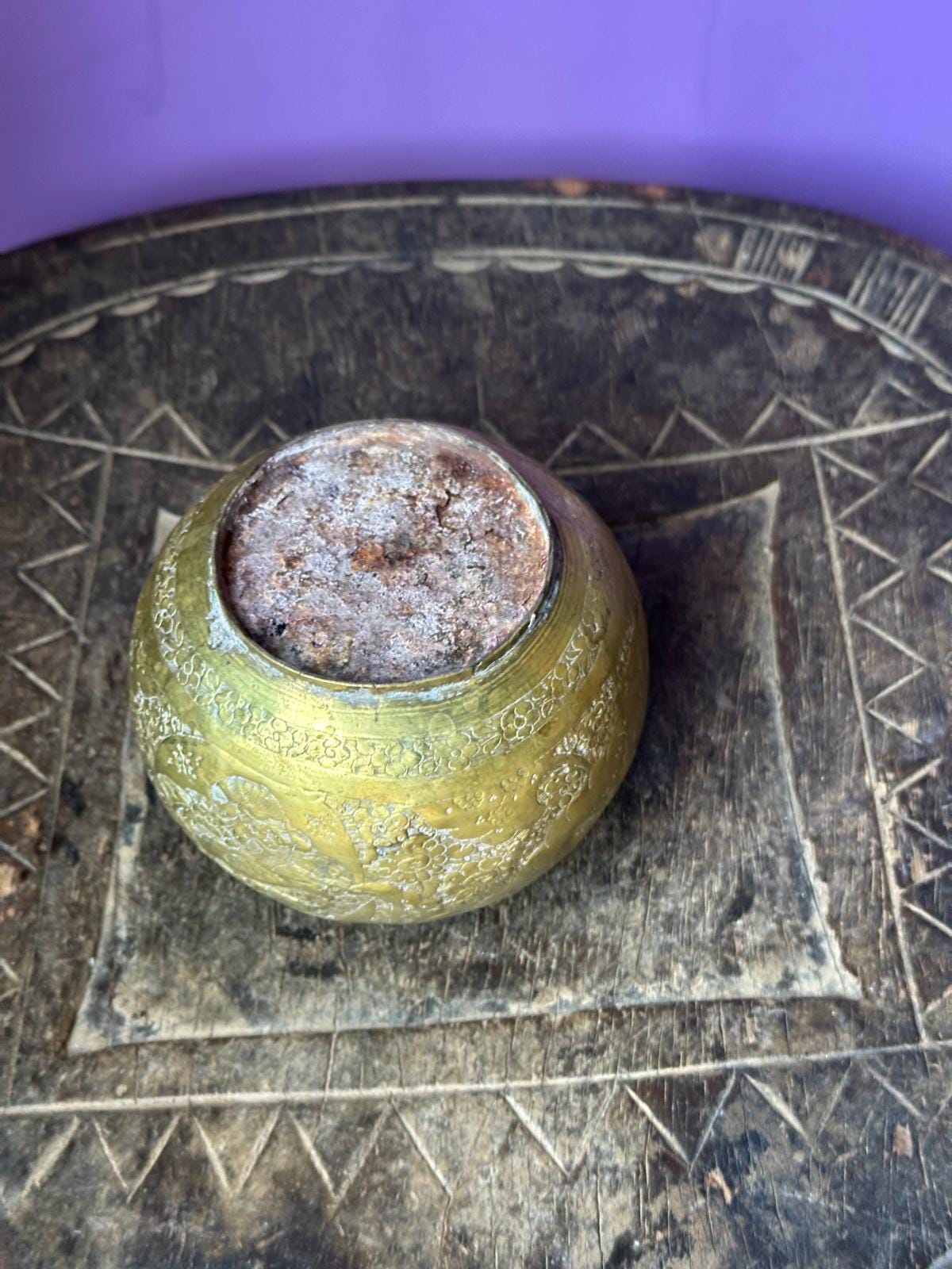 Vintage Indian Etched Brass Spherical Pot Bowl – Peacock Bird Floral Motif 3.5"
