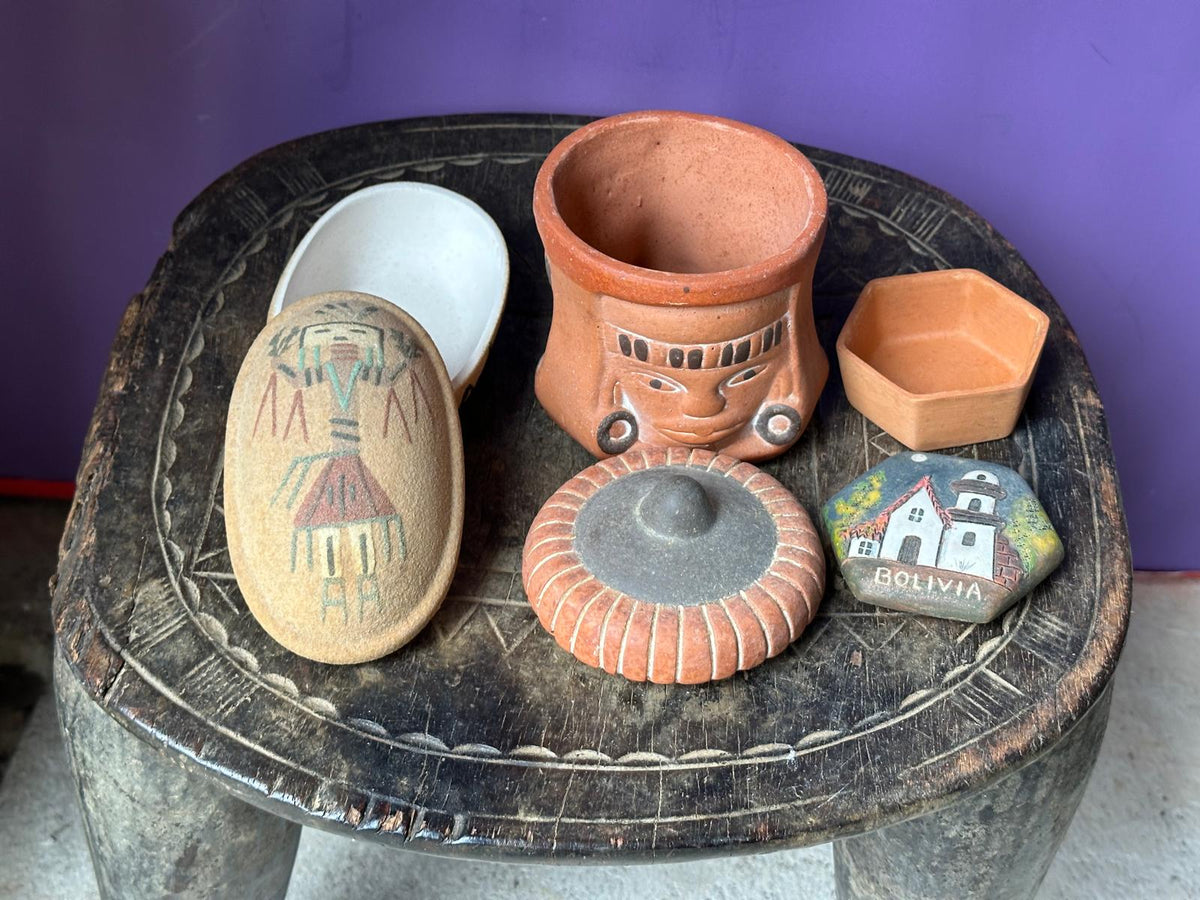 Vintage Folk Art Pottery Box Collection Set of 3 – Bolivia, Inca Face & Sand Art