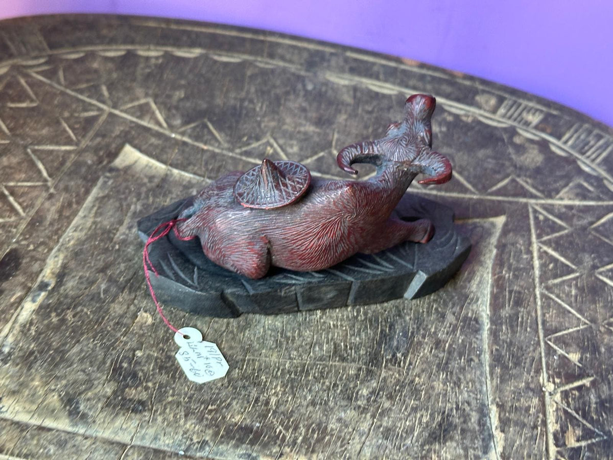 Vintage Hand Carved Rosewood Water Buffalo Figurine – Reclining w/ Stand 3.5"