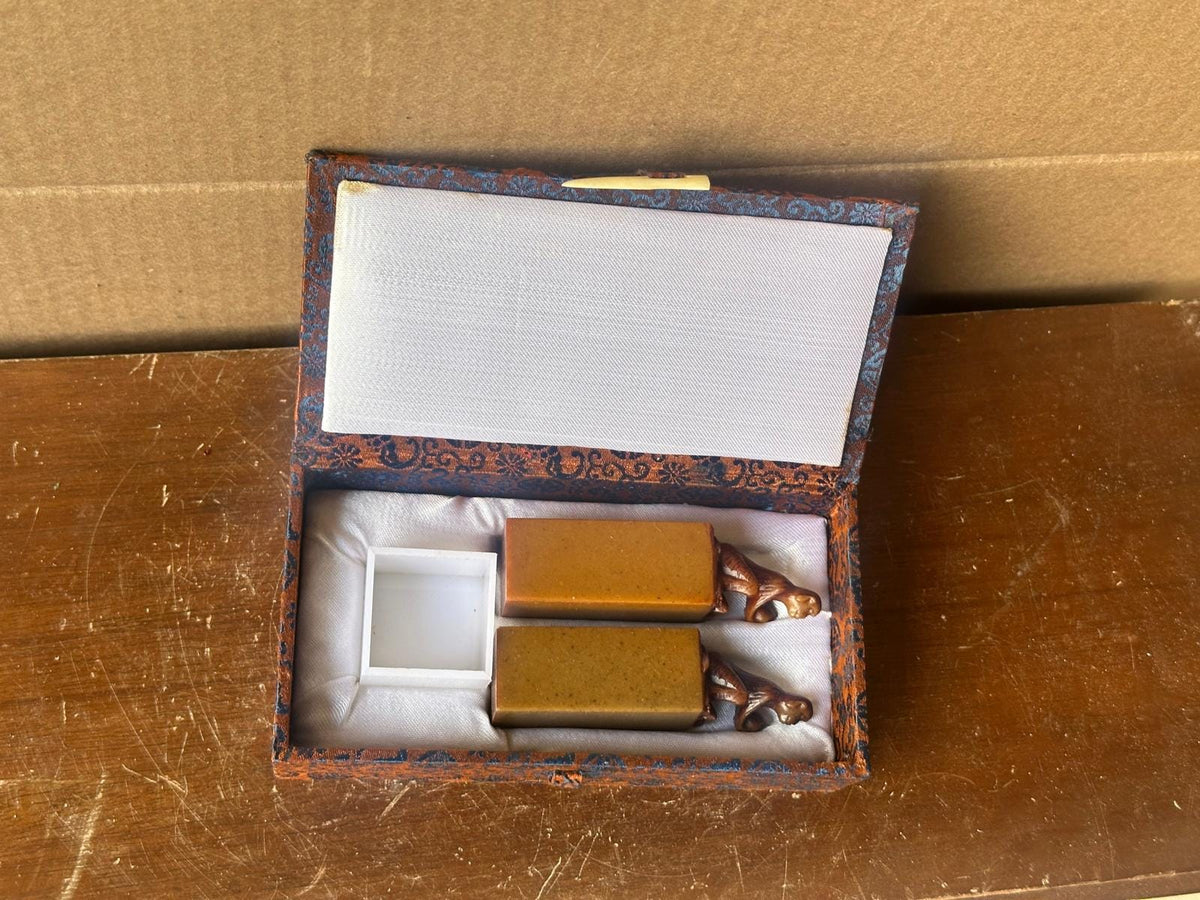 Vintage Chinese Carved Stone Seal Chop Set – Blank Monkey Pair Boxed 3.5"