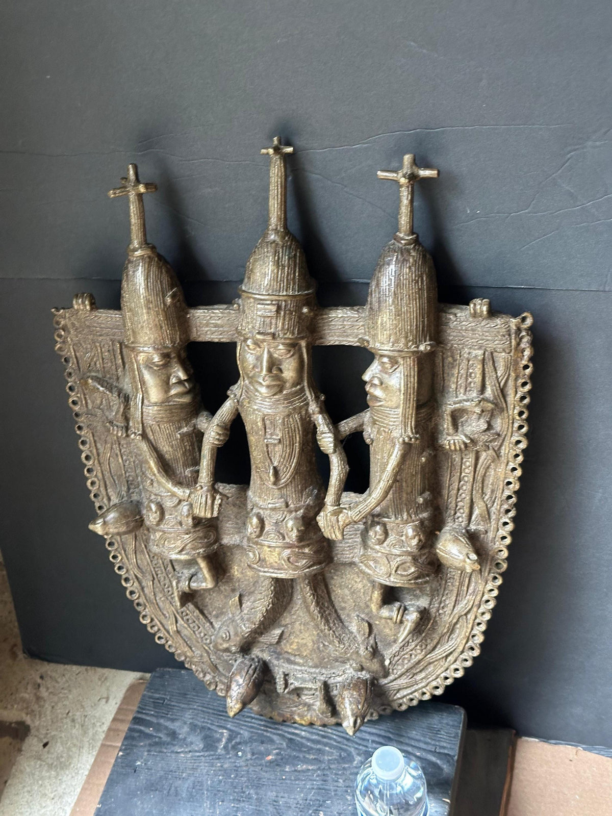 Huge 22" Benin Bronze Plaque | Oba with Mudfish Legs | African Wall Art Nigeria