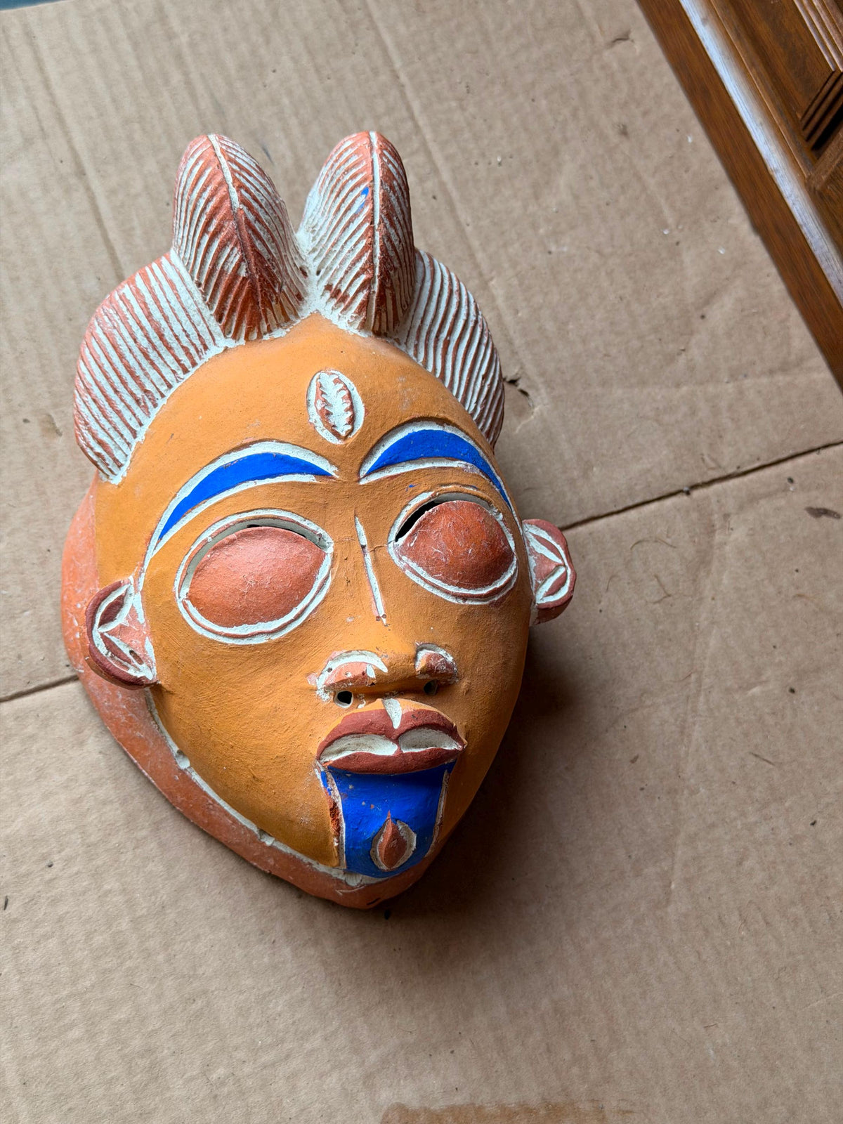 Vintage African Terracotta Punu Mask - Painted Clay Tribal Art 8"