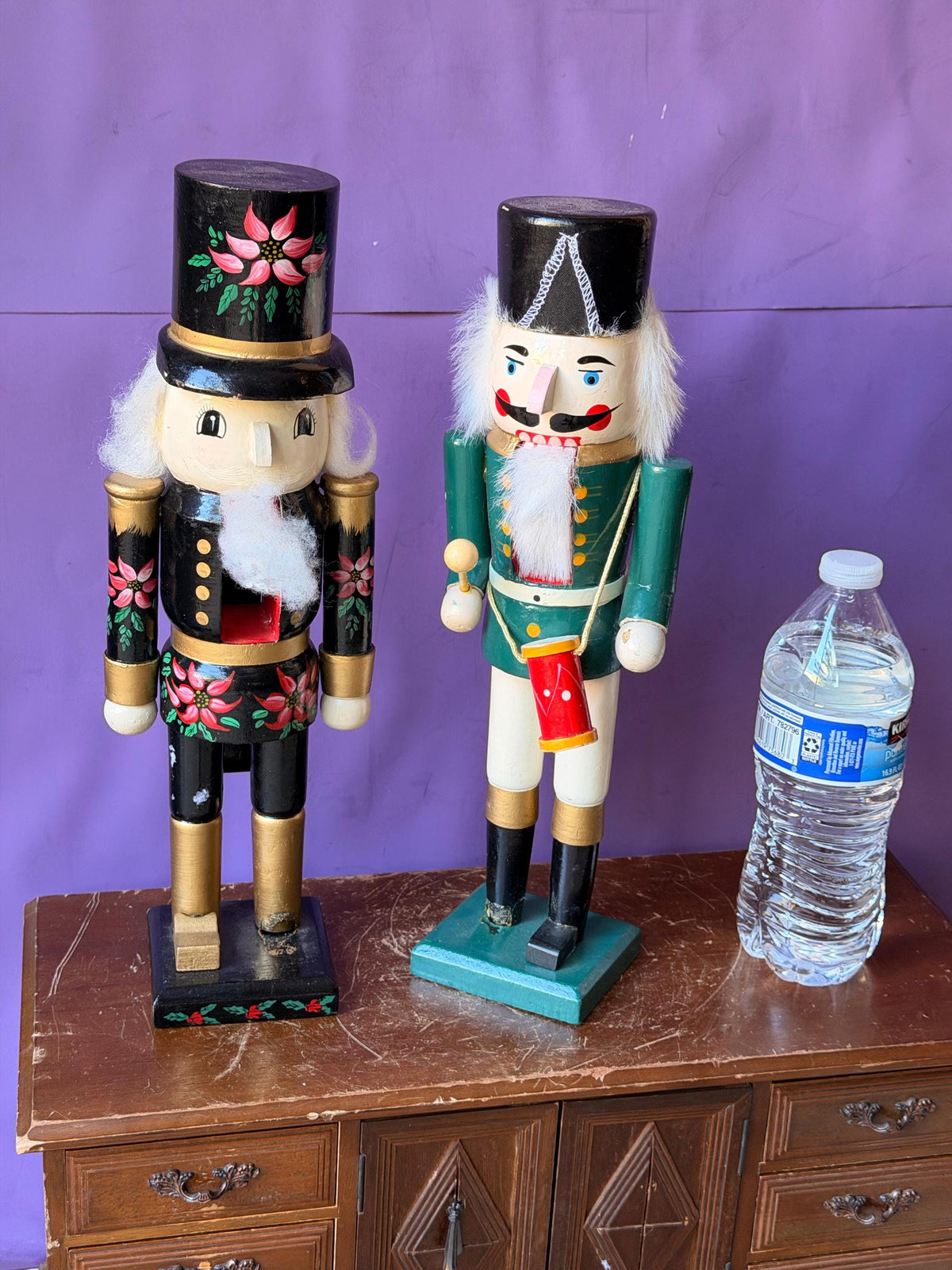 Vintage Wooden Nutcracker Pair 13.5" Drummer Boy & Painted Poinsettia Soldier