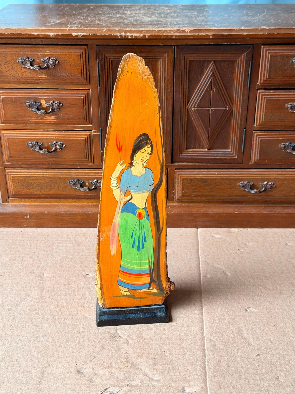 Vintage Indian Hand Painted Live Edge Wood Slab Painting - Folk Art Maiden