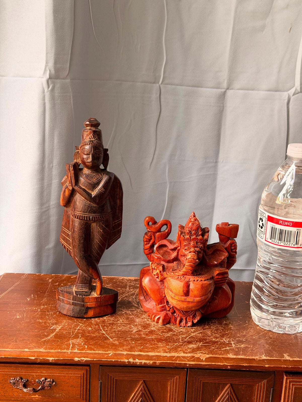 Vintage Carved Wood Hindu Deity Statues Set - Krishna & Ganesha India Idols