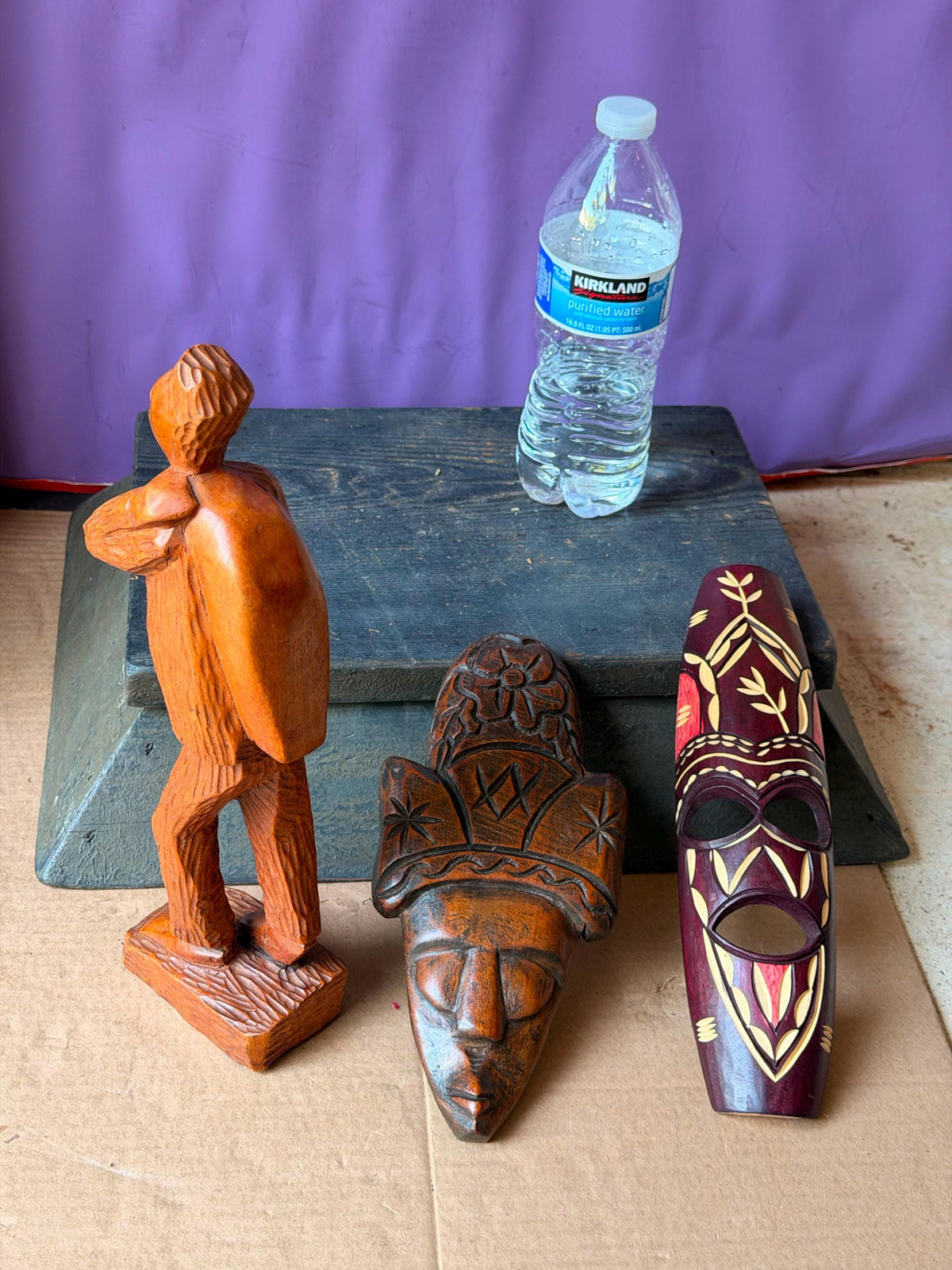 3 Pc Vintage African Art Set - Hand Carved Wood Man Statue & Wall Masks 11.5"