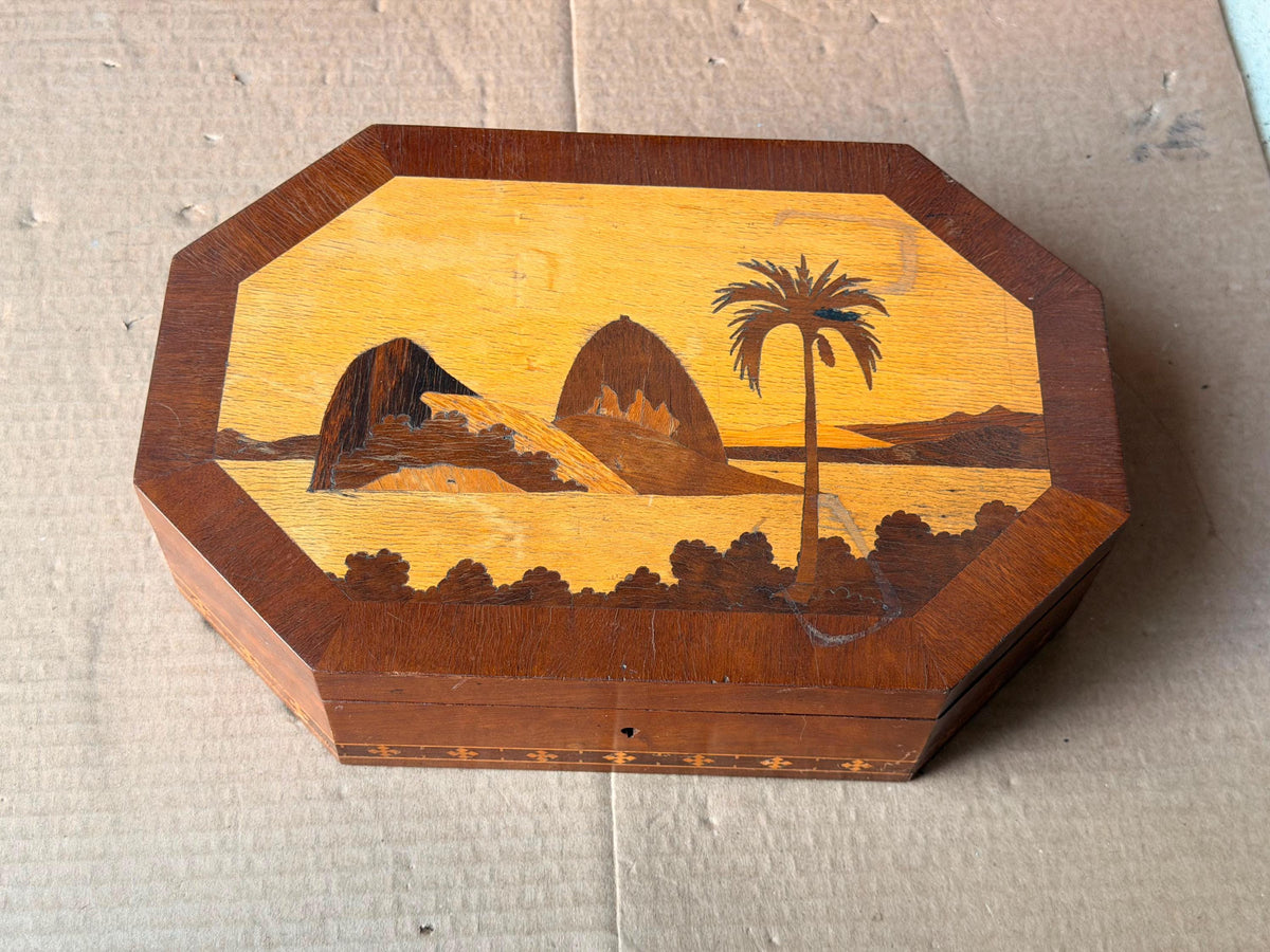 Vintage Brazilian Marquetry Wood Box - Sugarloaf Mountain Rio 10"