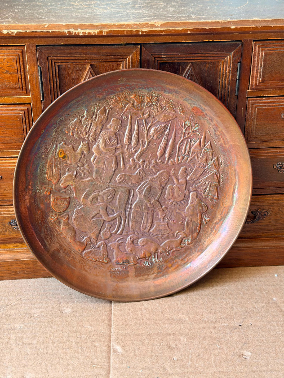 Vintage Middle Eastern Copper Wall Plate 8.5" Pastoral Folk Art