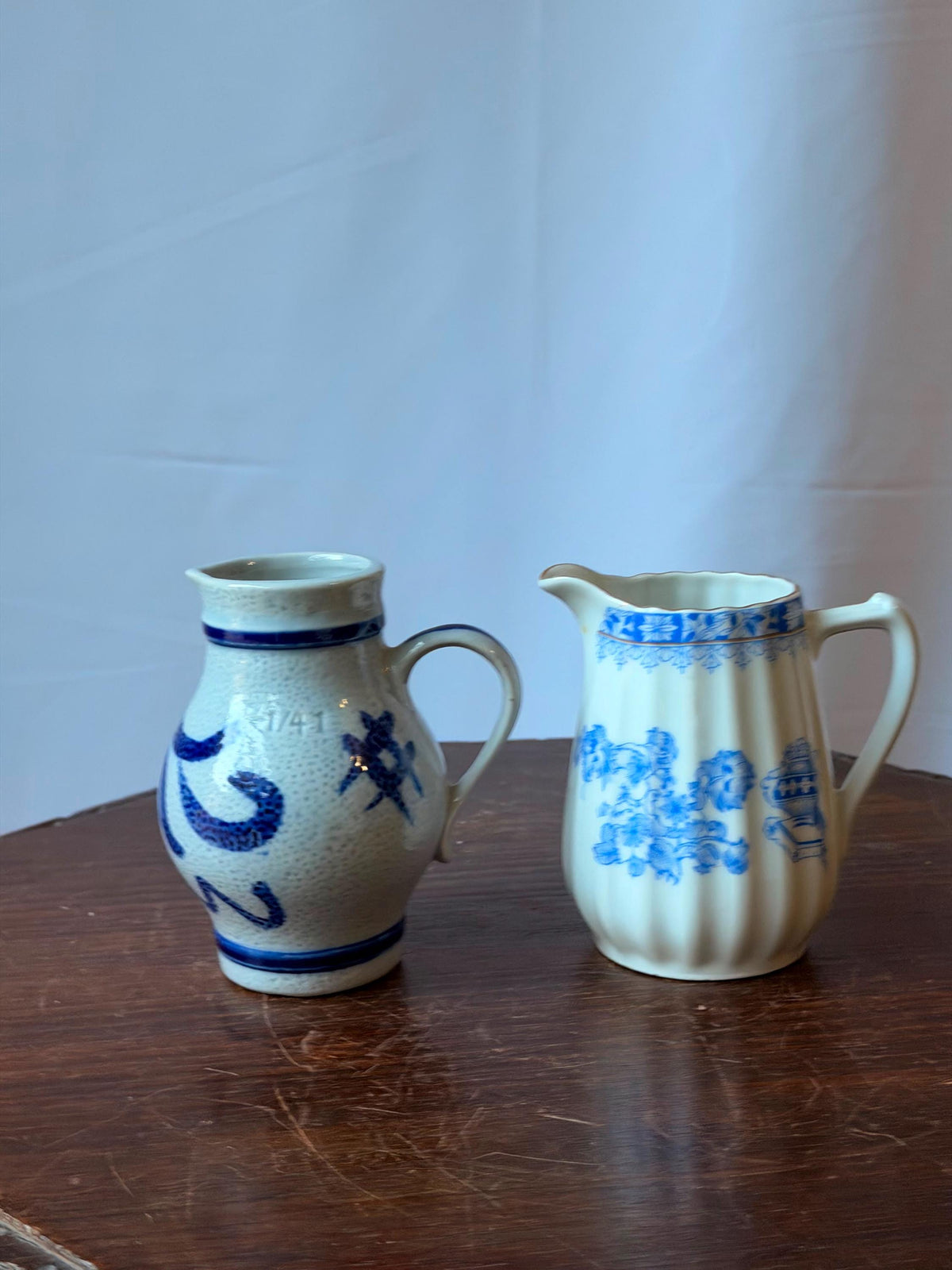 Vintage Blue Ceramic Pitcher Set Salt Glaze Stoneware Porcelain 4.5"