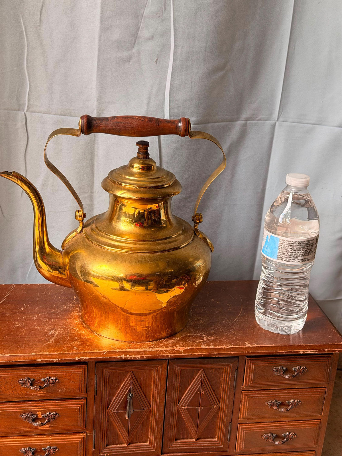 Vintage Polished Brass Tea Kettle Gooseneck Spout Wood Handle 9.5"