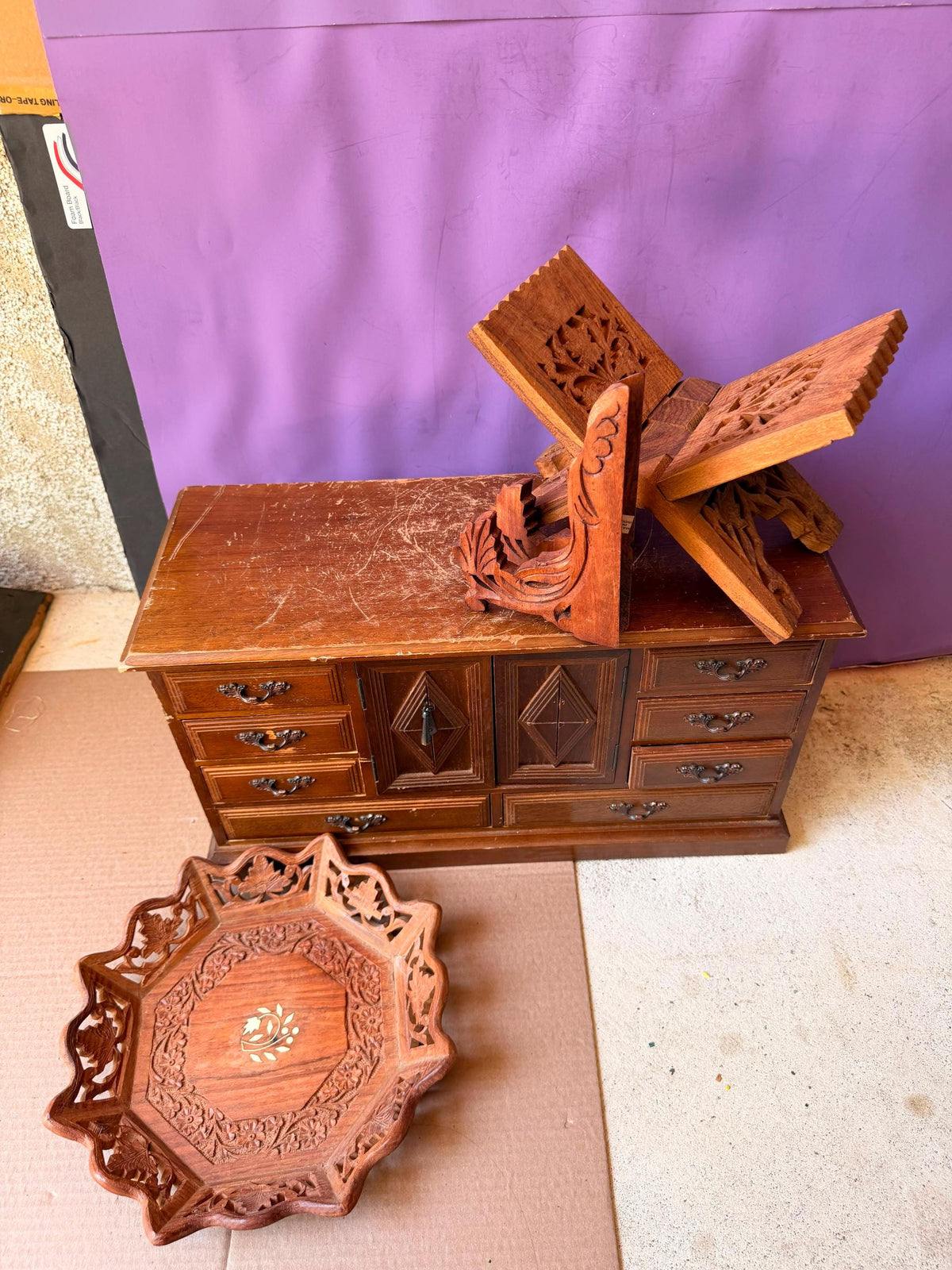 Vintage Indian Carved Wood Rehal Book Stand Tray Set - Saharanpur Art