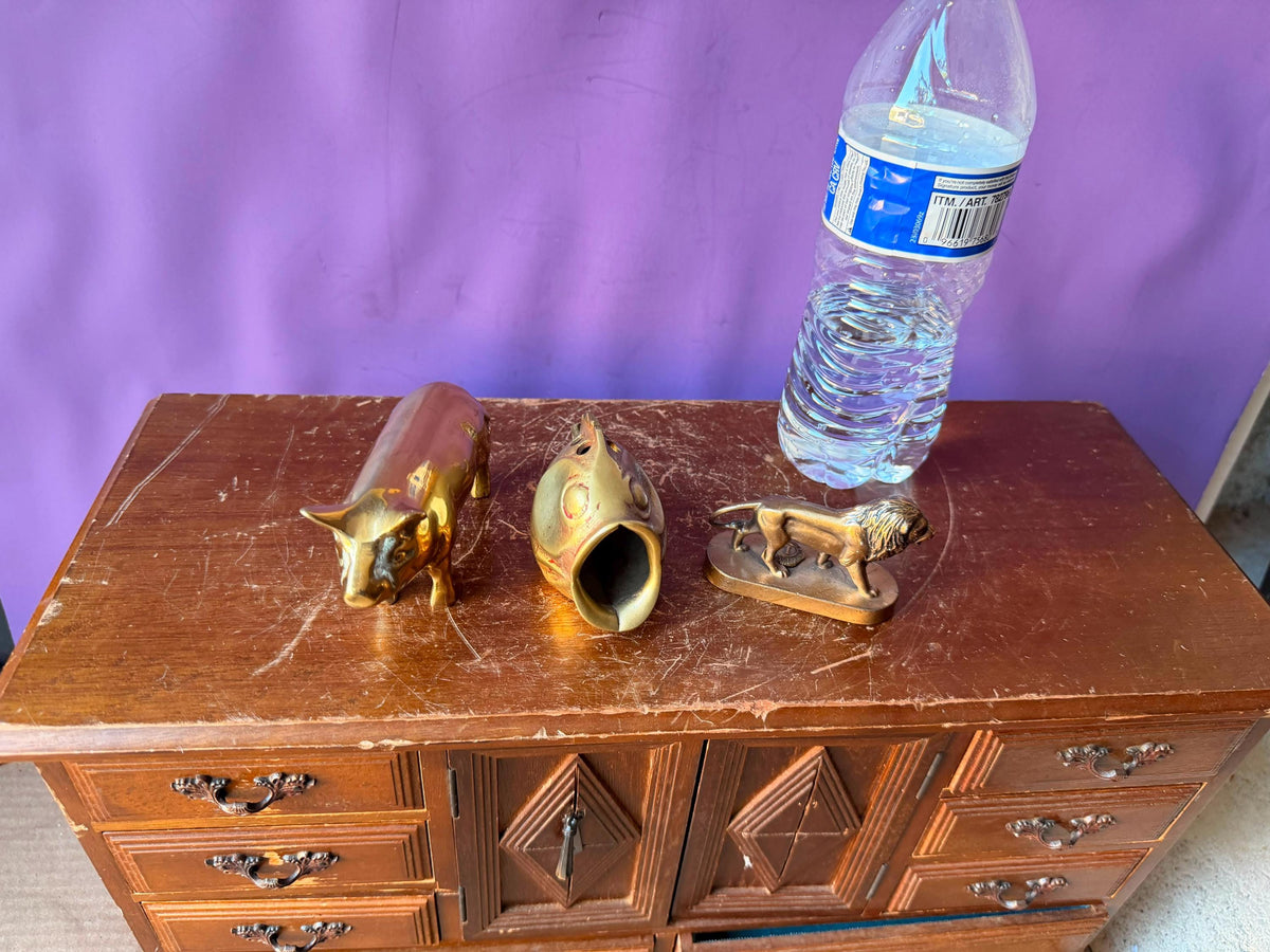 Vintage Brass Animal Figurine Set Pig Fish Lions Club Lion Statue Paperweight 3