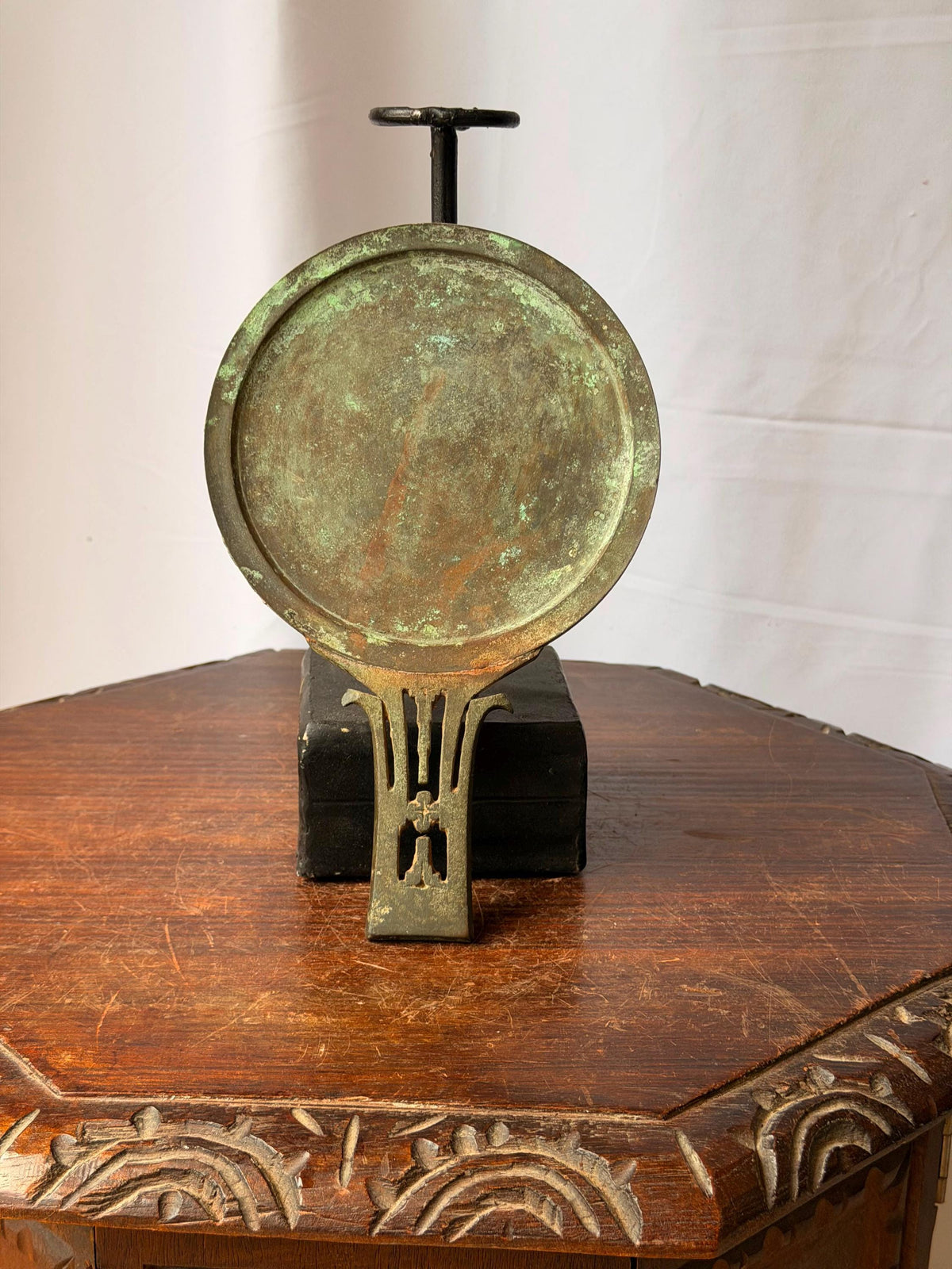Vintage Cast Bronze Hand Mirror Ritual Vanity Reflective Disc Verdigris Accent