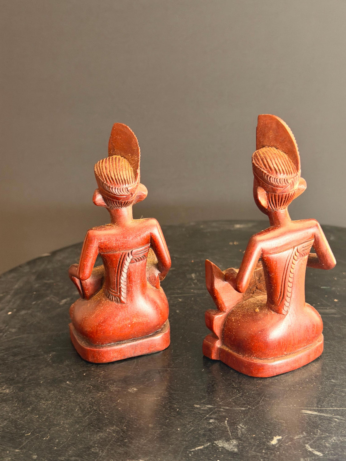 Vintage Balinese Carved Wood Gamelan Musician Pair Kendang Drum Statue 4.5"