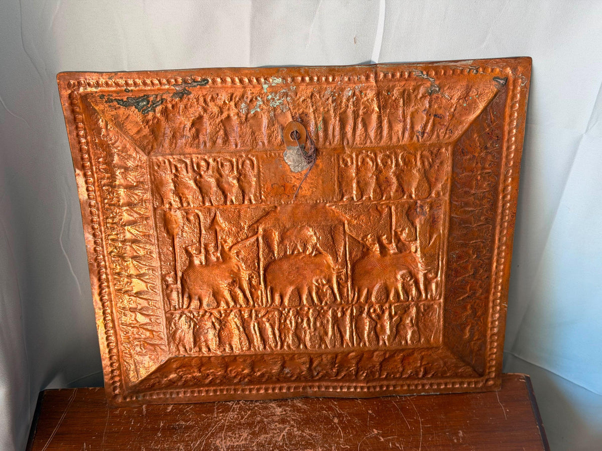 Vintage South Asian Copper Wall Plaque 14x12" Elephant Procession Relief