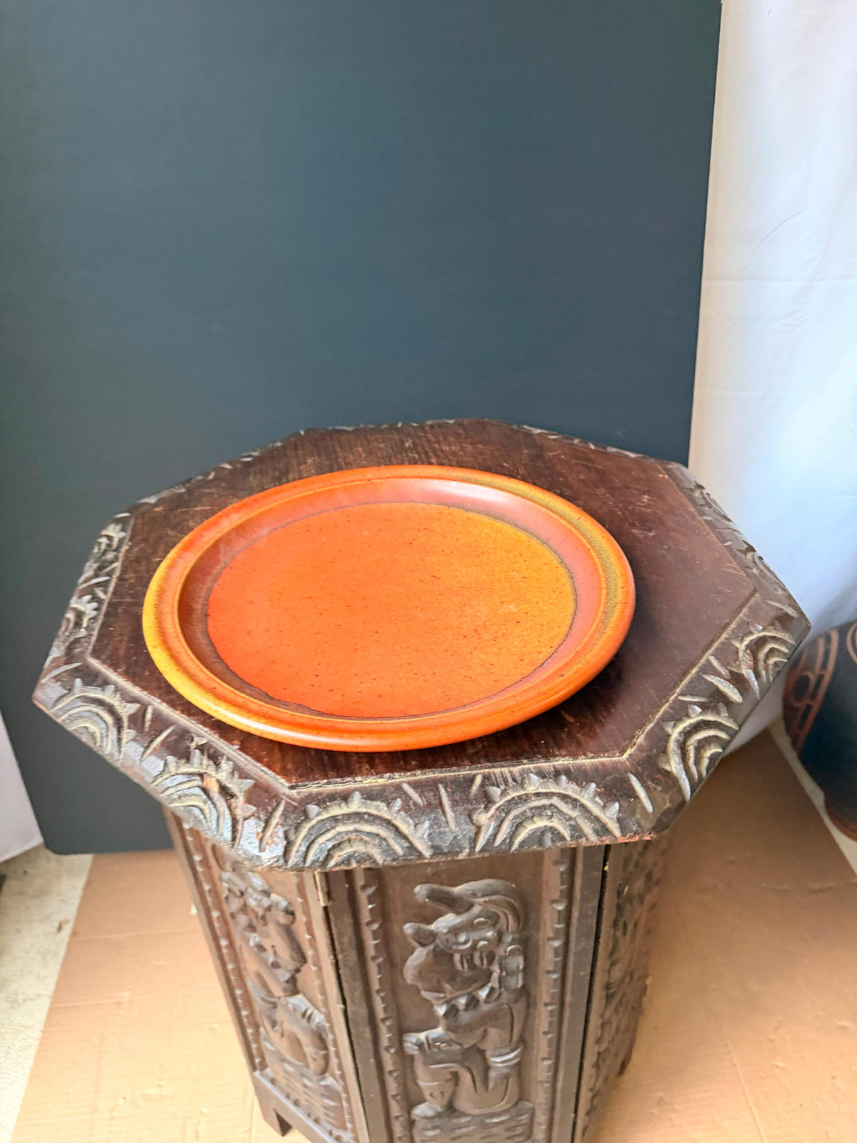 Vintage Robert Crystal Vermont Studio Pottery Pitcher Platter Set Orange Glaze