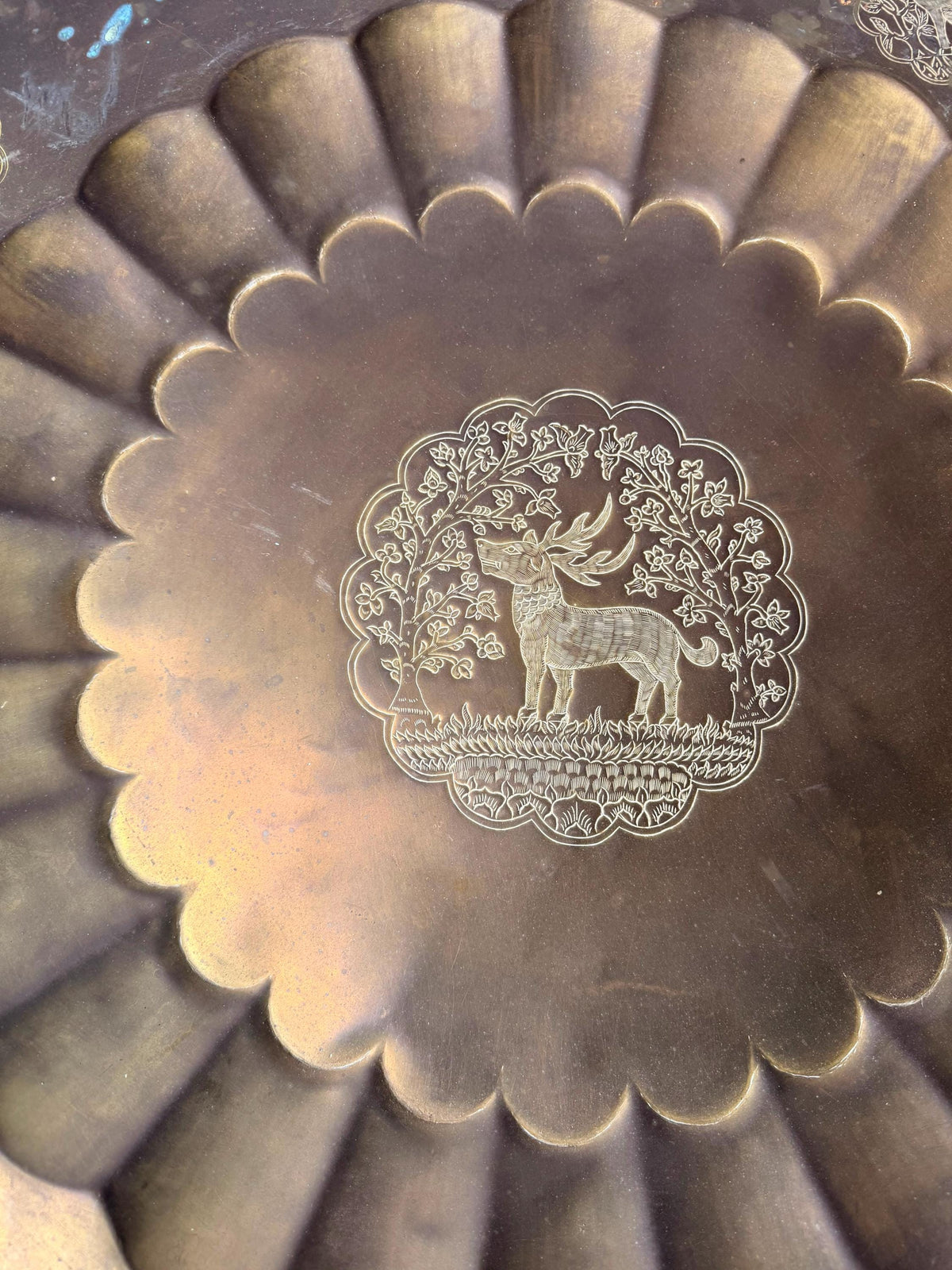 Vintage Indian Brass Tray Large 30" Engraved Animals Table Top Wall Platter