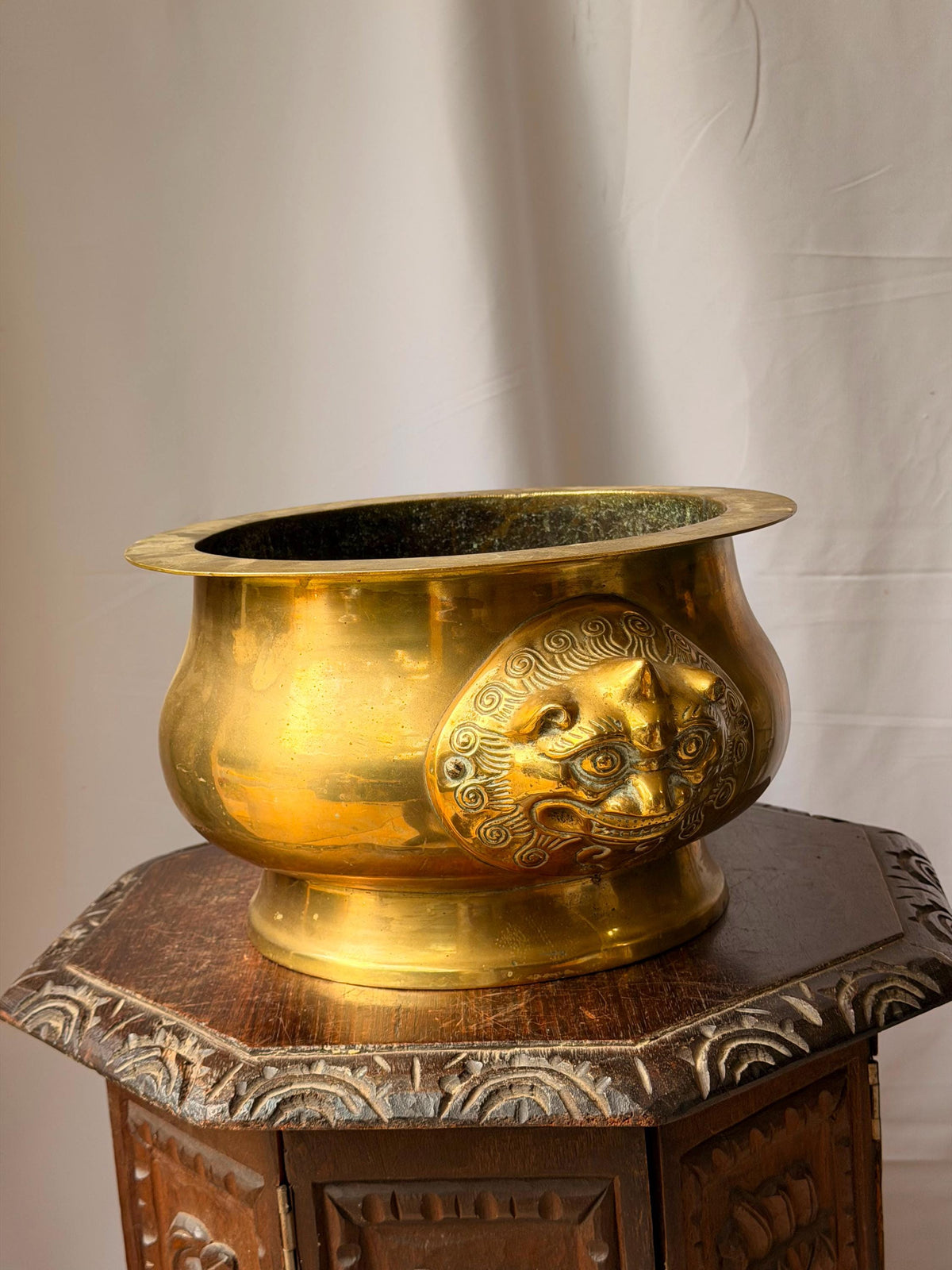 Vintage Cast Brass Beast Mask Censer Basin Large Planter Cachepot 15.5"
