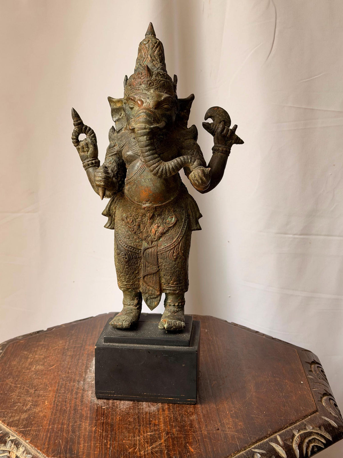Vintage Cast Bronze Ganesha Statue Standing Four Armed Southeast Asian Deity 14"