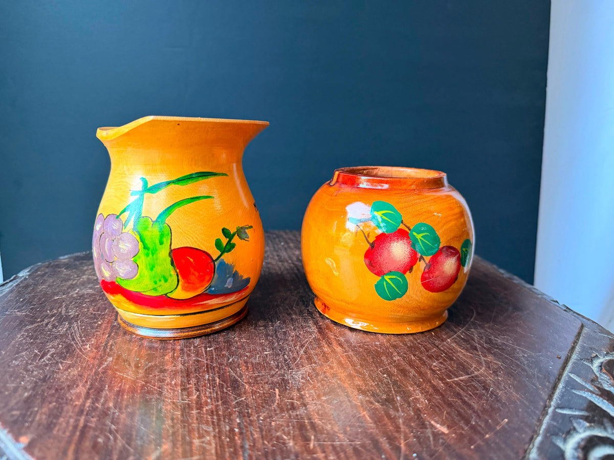 Vintage Carved Wood Pitcher Vessel Set Hand Painted Peru Aruba Folk Art
