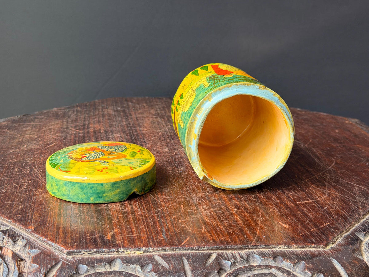 Vintage Hand Painted Papier Mache Canister Figural Miniature Scene Box