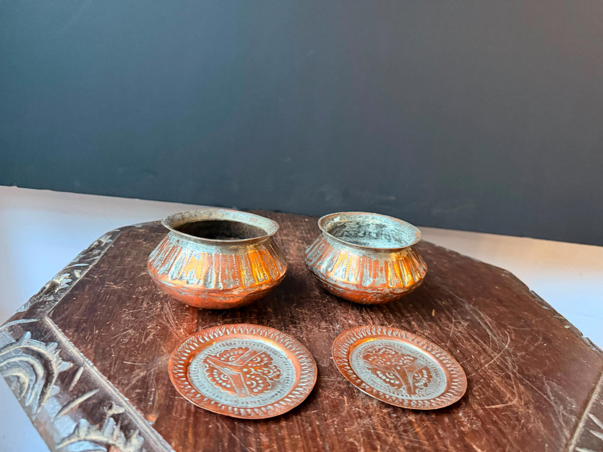 Vintage Tinned Copper Bowl Set Hand Hammered Small Trinket Vessel Pair 4in