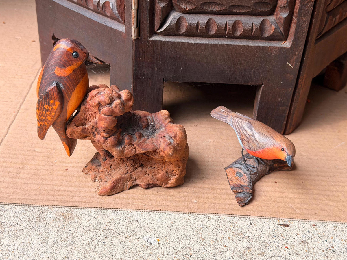 Vintage Hand Carved Wood Bird Figurines Set Burl Driftwood Mounted Songbird