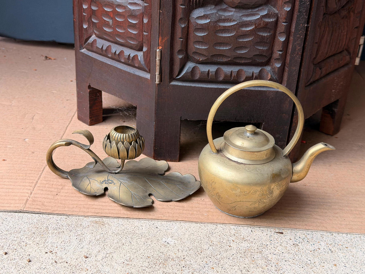 Vintage Brass Teapot & Lotus Leaf Candlestick Set Chased Floral Teaware Accent