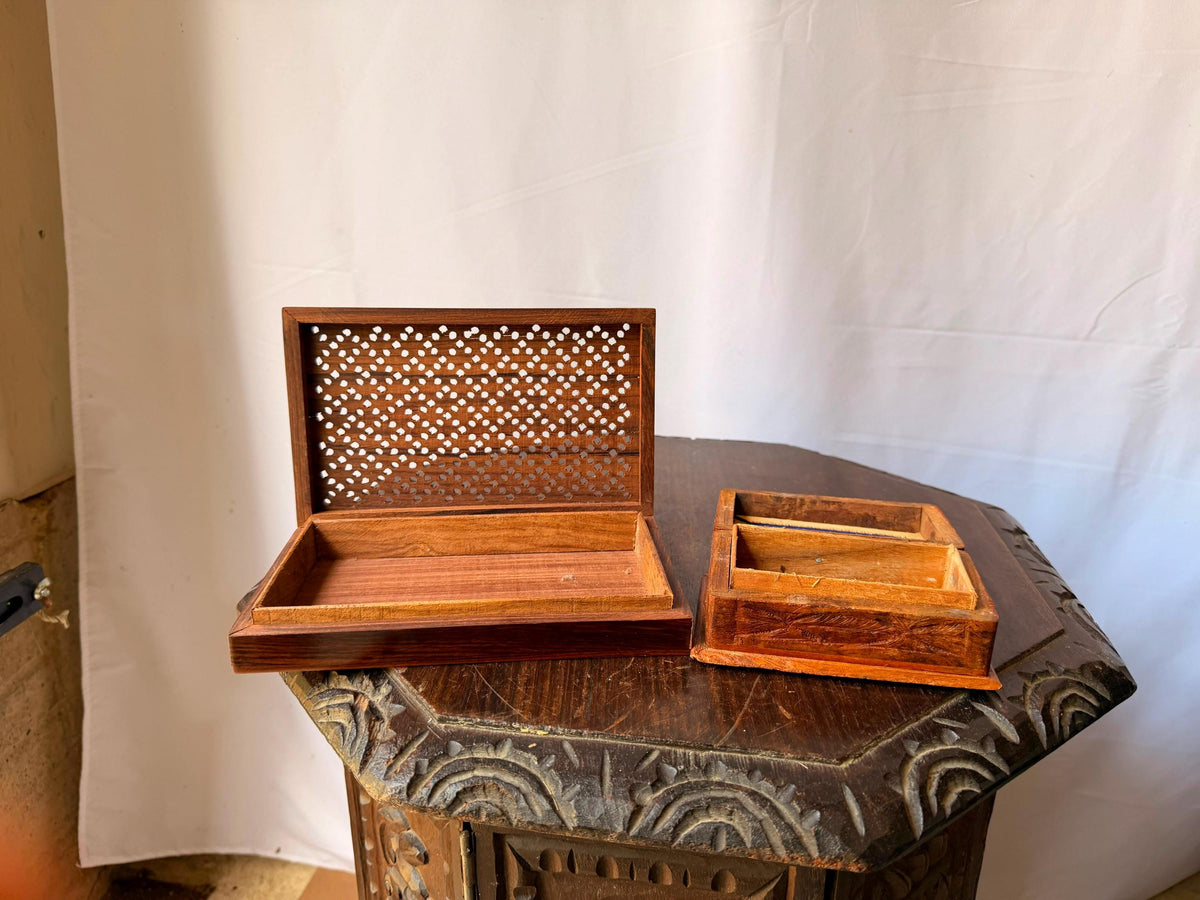 Vintage Indian Carved Wood Box Pair Sheesham Jali Lattice Jewelry Keepers 8"