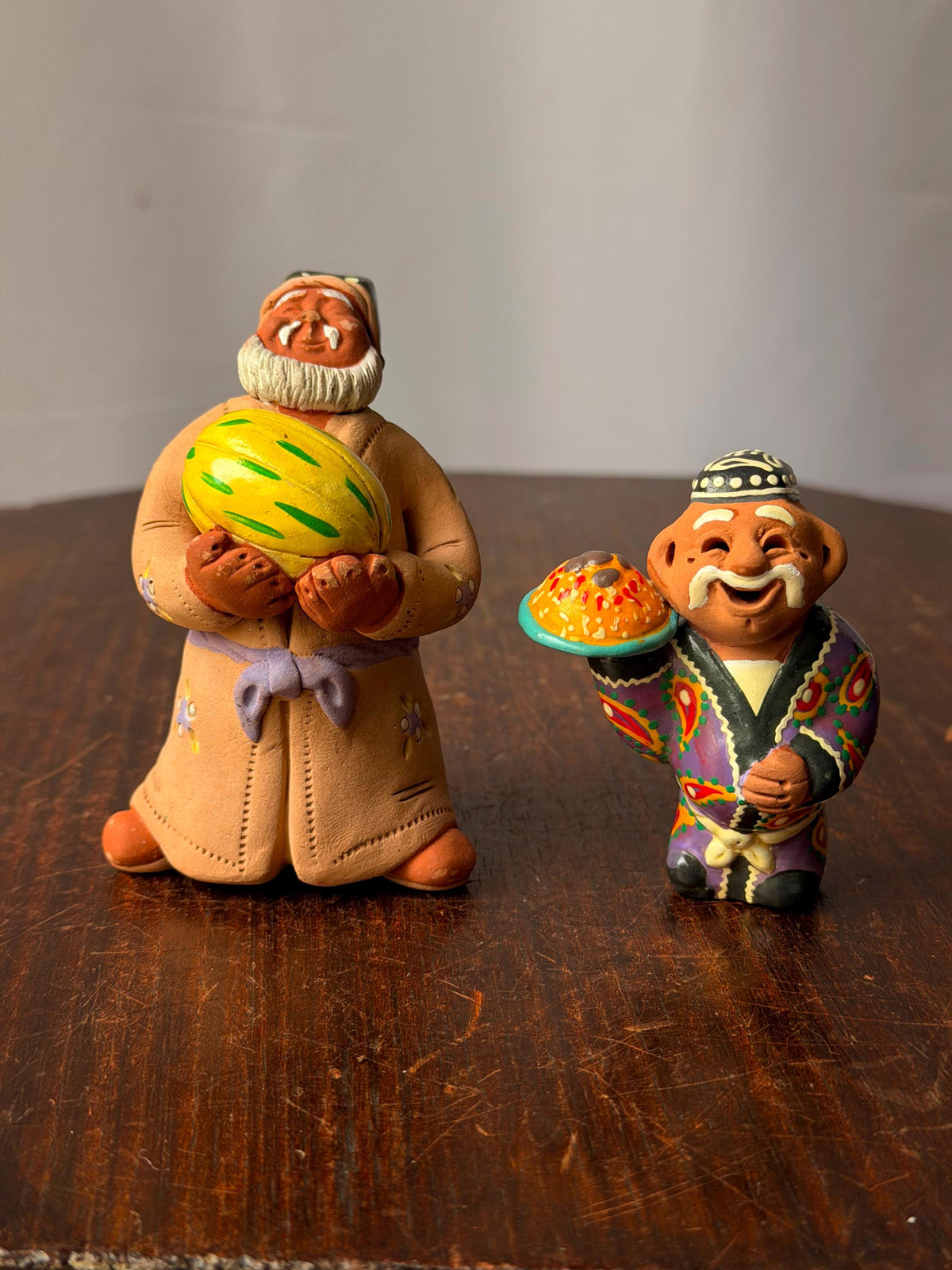 Vintage Central Asian Clay Figures Aksakal Melon Plov Folk Art Pair