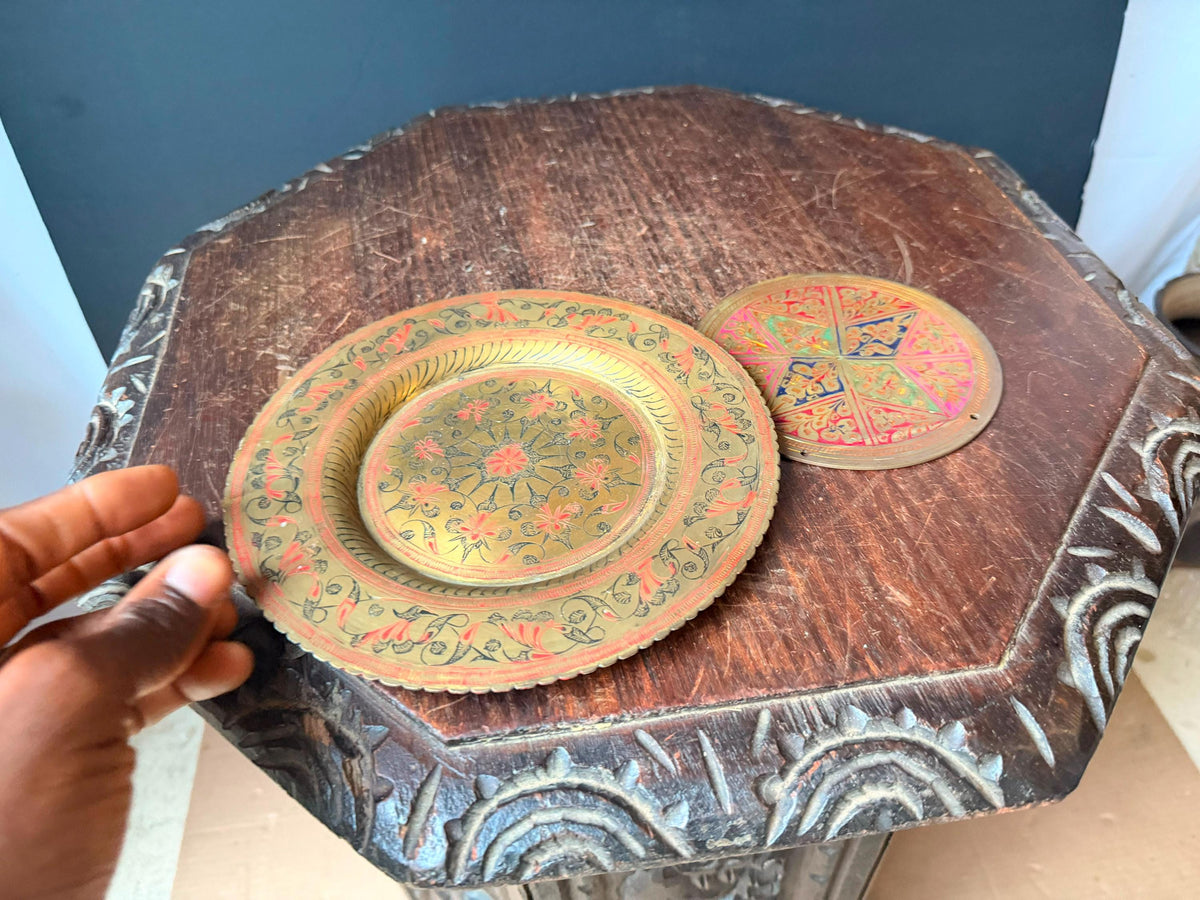 Vintage Etched Brass Plate Polychrome Enamel Wall Plaque Dish Set 2pc