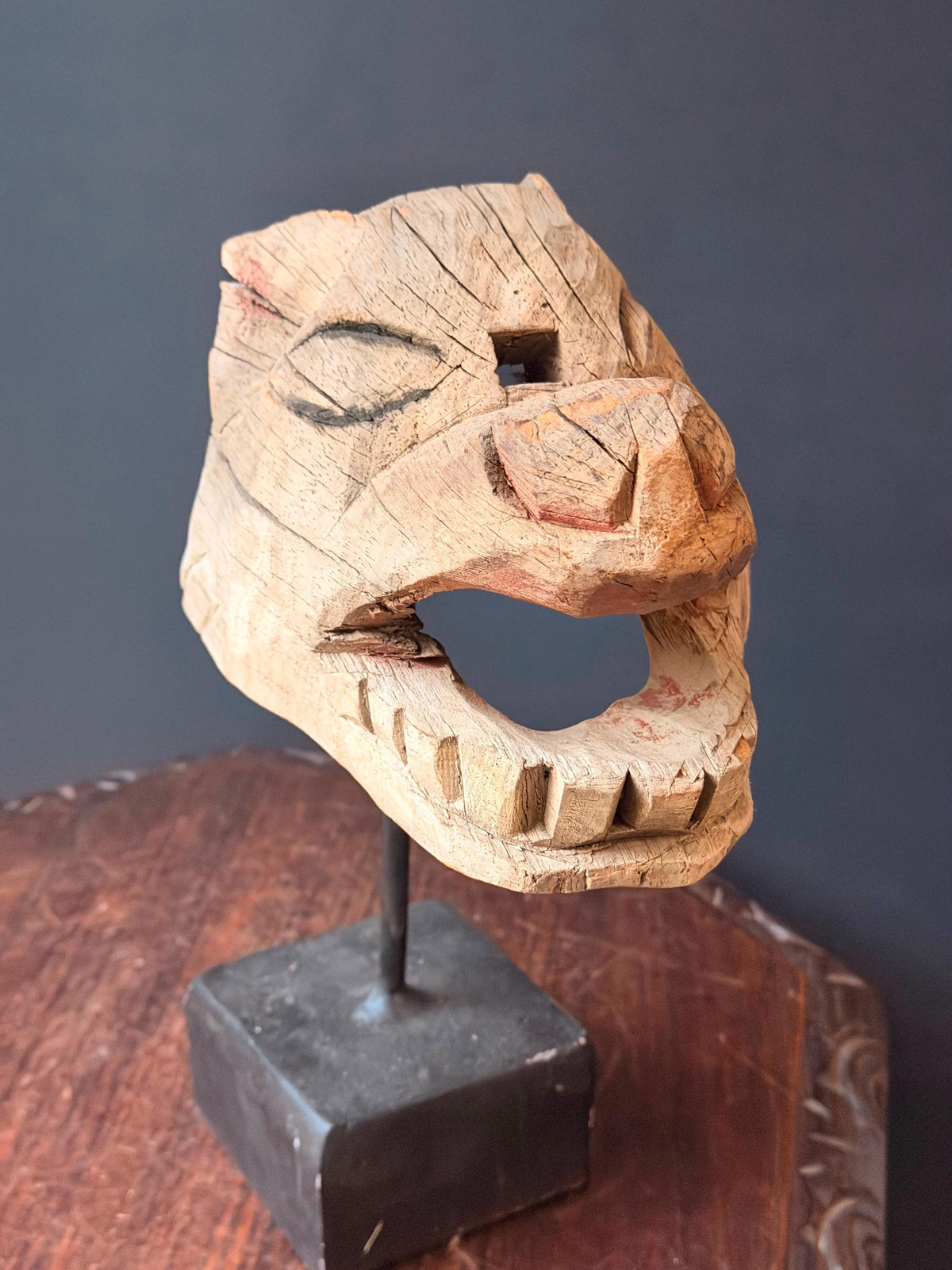 Vintage Hand Carved Wood Animal Mask Sculpture Zoomorphic Folk Art 9.5"
