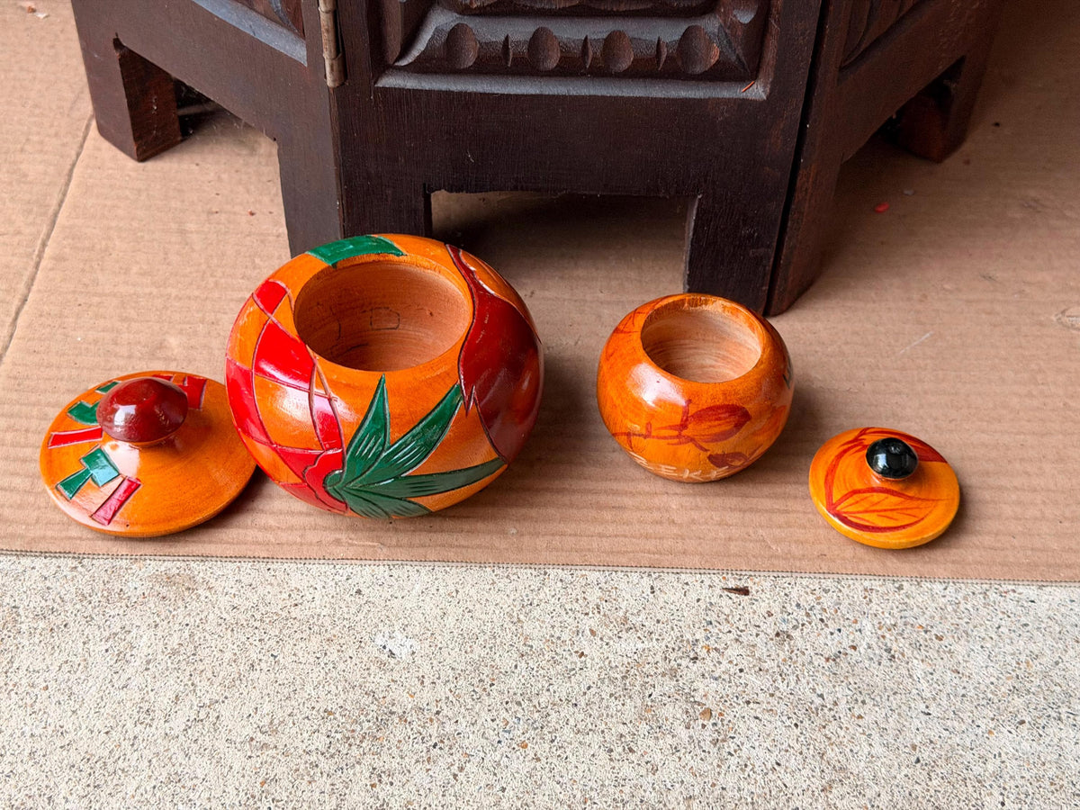 Vintage Carved Wood Lidded Jars Set Hand Painted Haitian Caribbean Folk Art