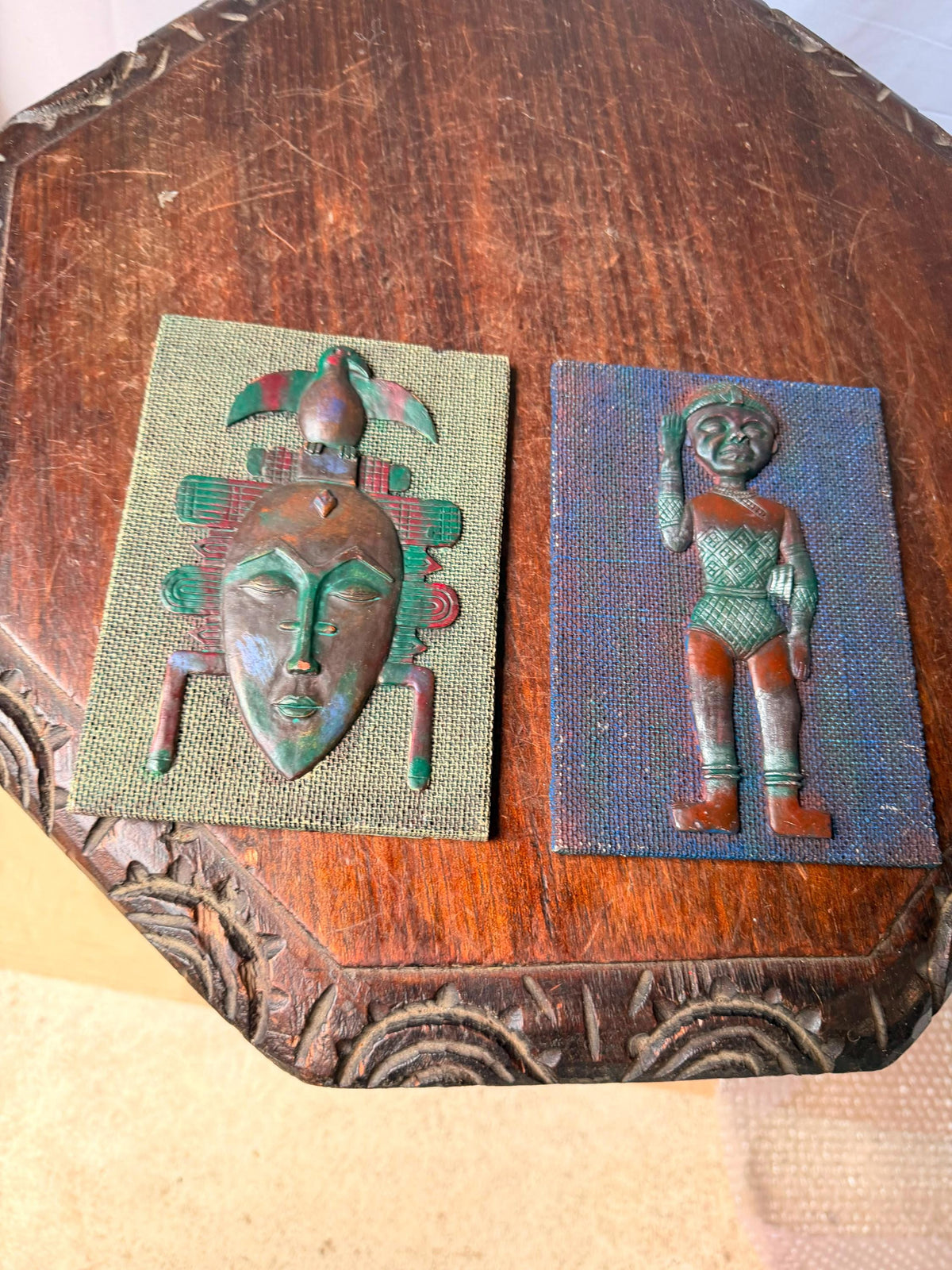 Vintage Mid-Century African Mask & Figure Wall Plaque Pair Verdigris Art