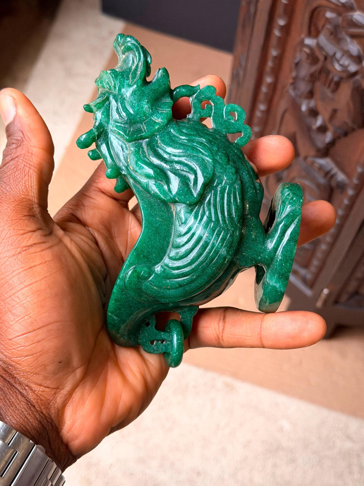Vintage Carved Green Quartz Dragon Libation Cup Archaistic Gemstone Vessel Art