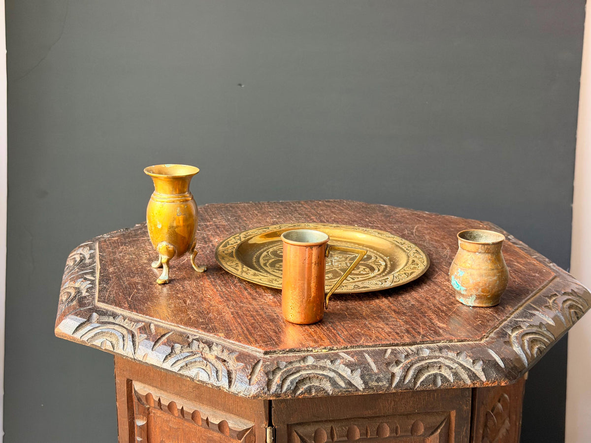 Vintage Brass Copper Miniature Vessel Set Etched Tray Middle Eastern Art 7.8"