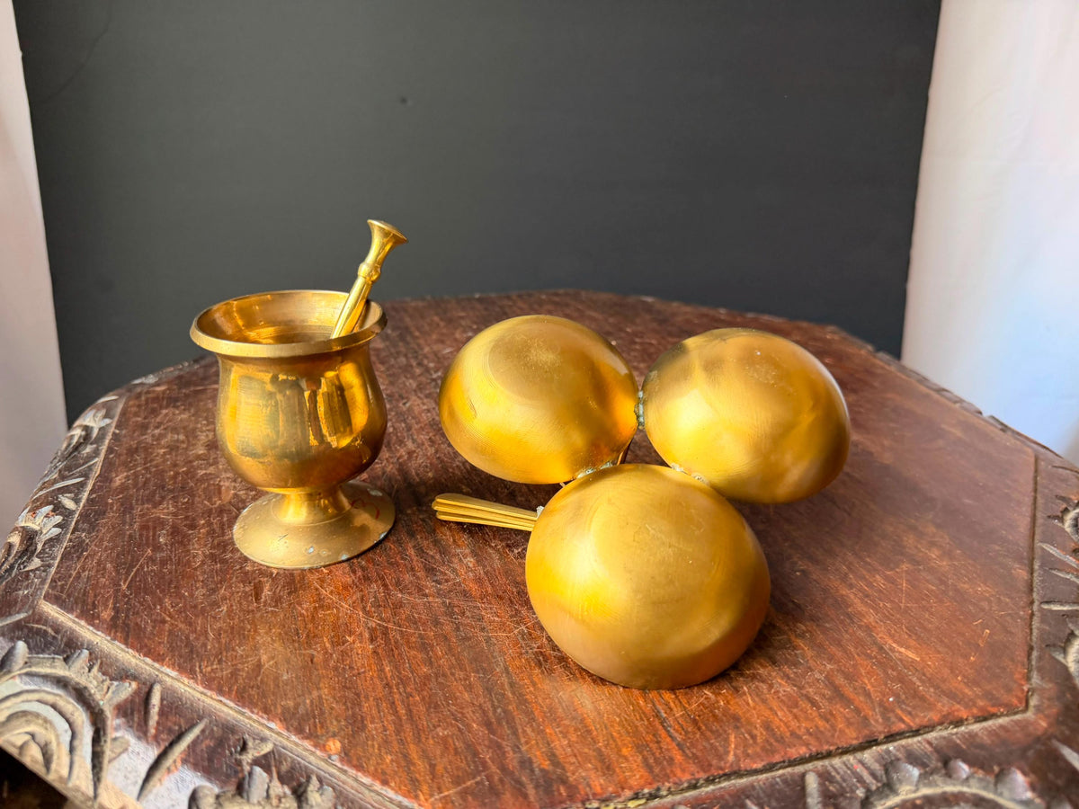 Vintage Brass Mortar Pestle & 3 Bowl Condiment Spice Dish Server Set 6"