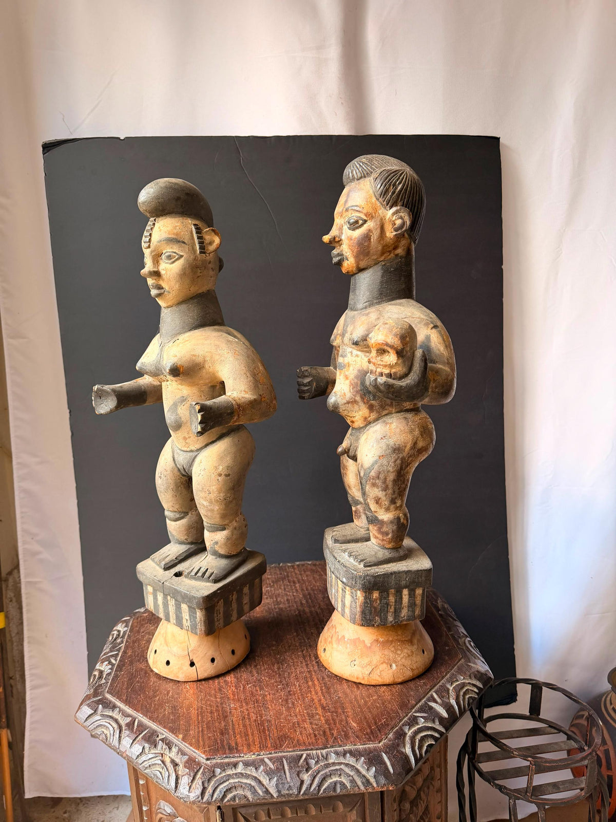 Vintage Igbo Alusi Figure Pair Carved Wood Male Female Skull Statue 22"
