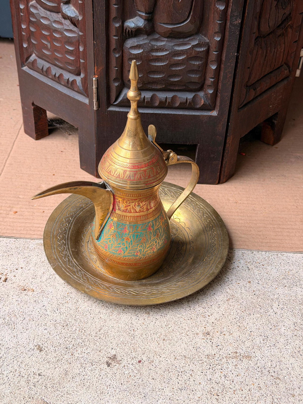 Vintage Indian Brass Dallah Coffee Pot Enamel Floral Pitcher Underplate Set