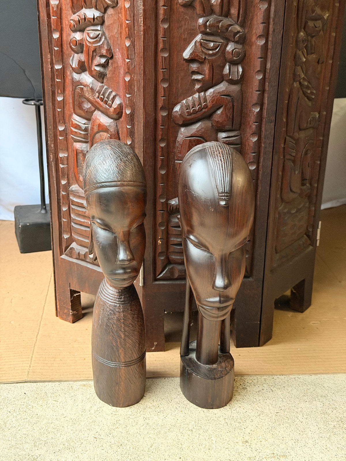 Vintage East African Hand Carved Hardwood Bust Pair Sculptures 12in