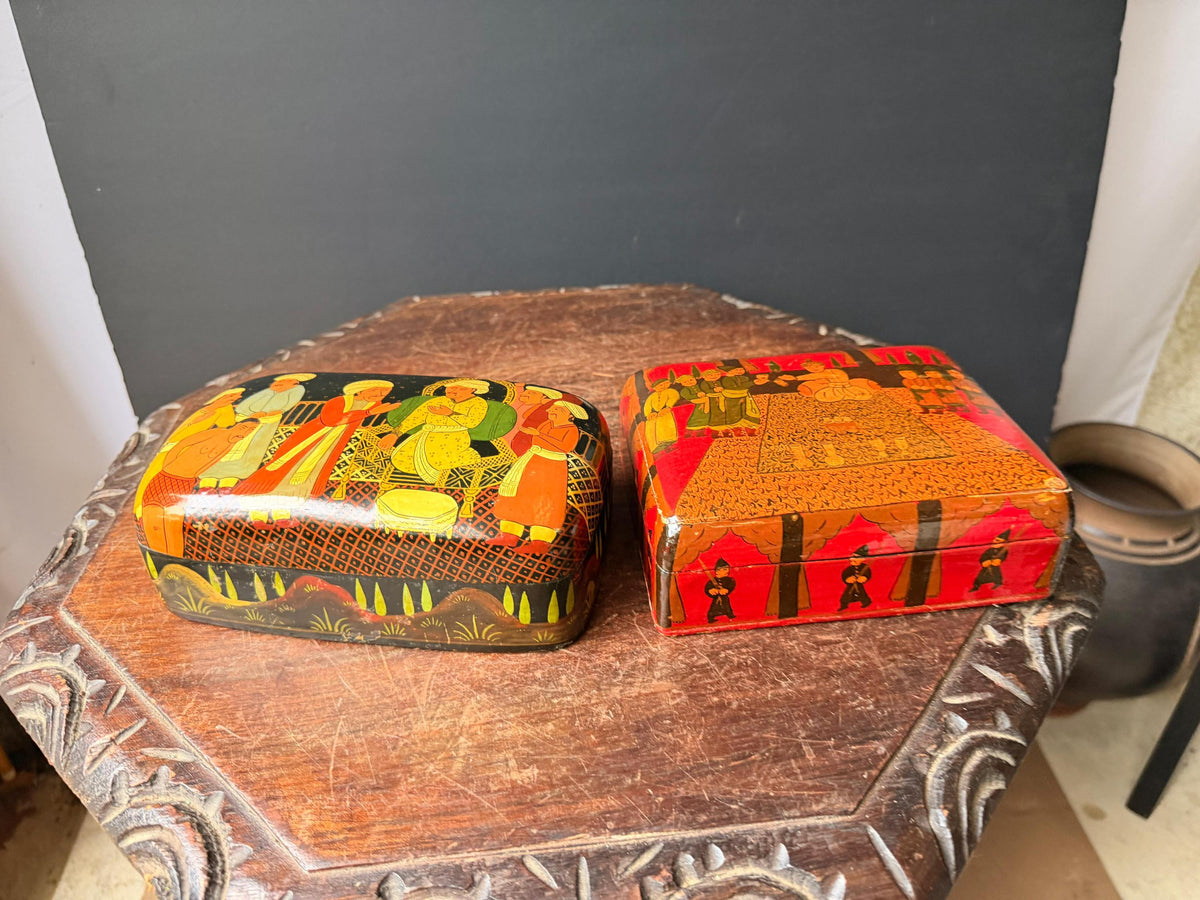 Vintage Hand Painted Lacquer Wood Box Set Indian Royal Darbar Folk Art