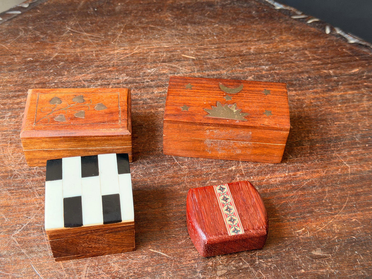 Vintage Wooden Trinket Box Collection Brass Celestial Resin Inlay 4pc
